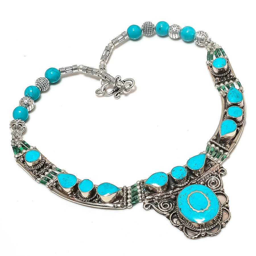Turquoise Gemstone Necklace Tibetan Handmade Bohemian Nepali Jewelry 18″ N55