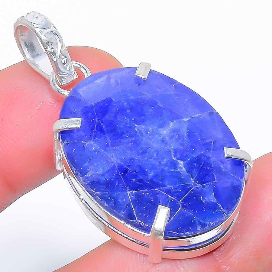 Blue Sapphire (Simulated) Gemstone 925 Silver Plated Pendant 1.7″ M1518