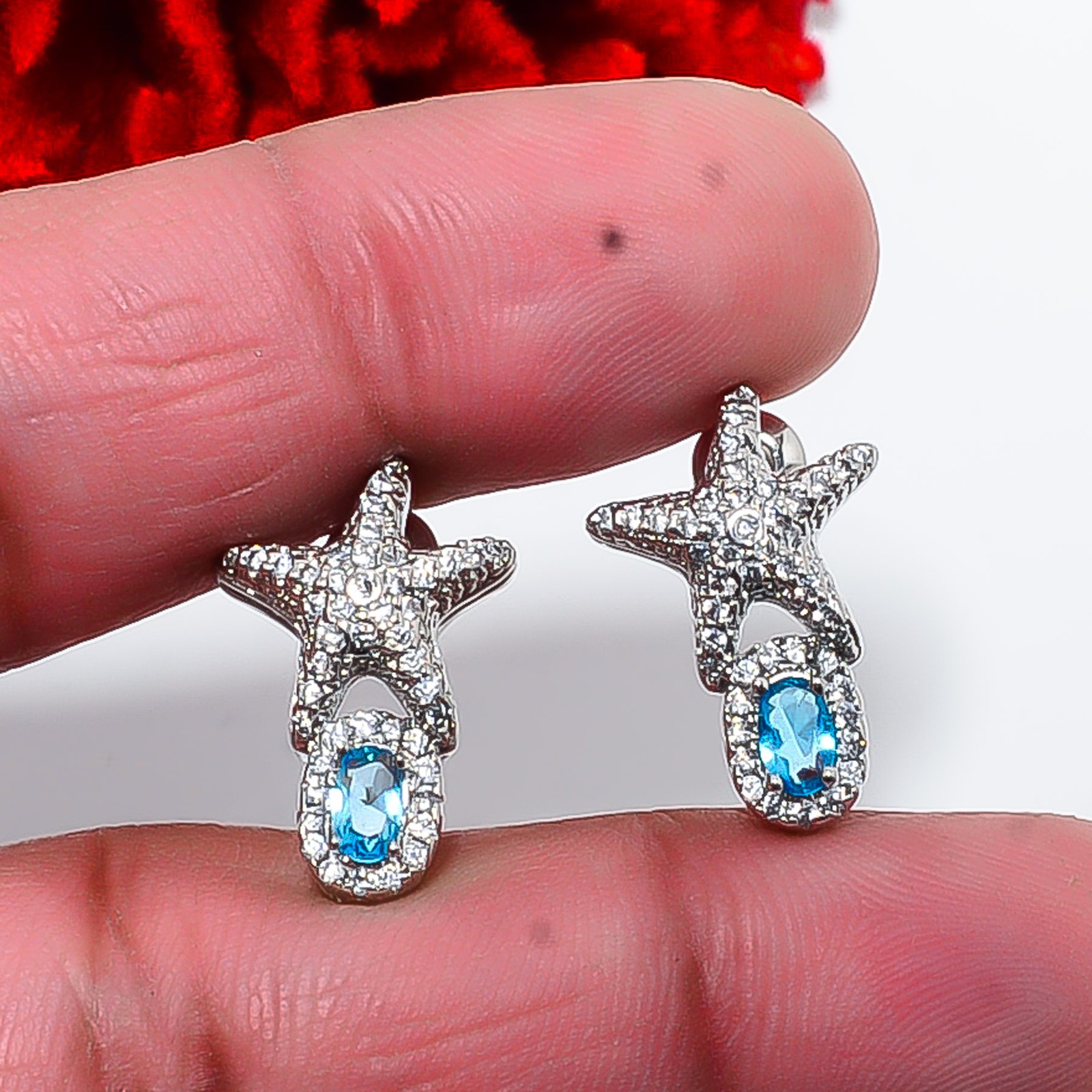 Blue Topaz & Cz 925 Sterling Silver Star Style Studs 0.80″ E15748