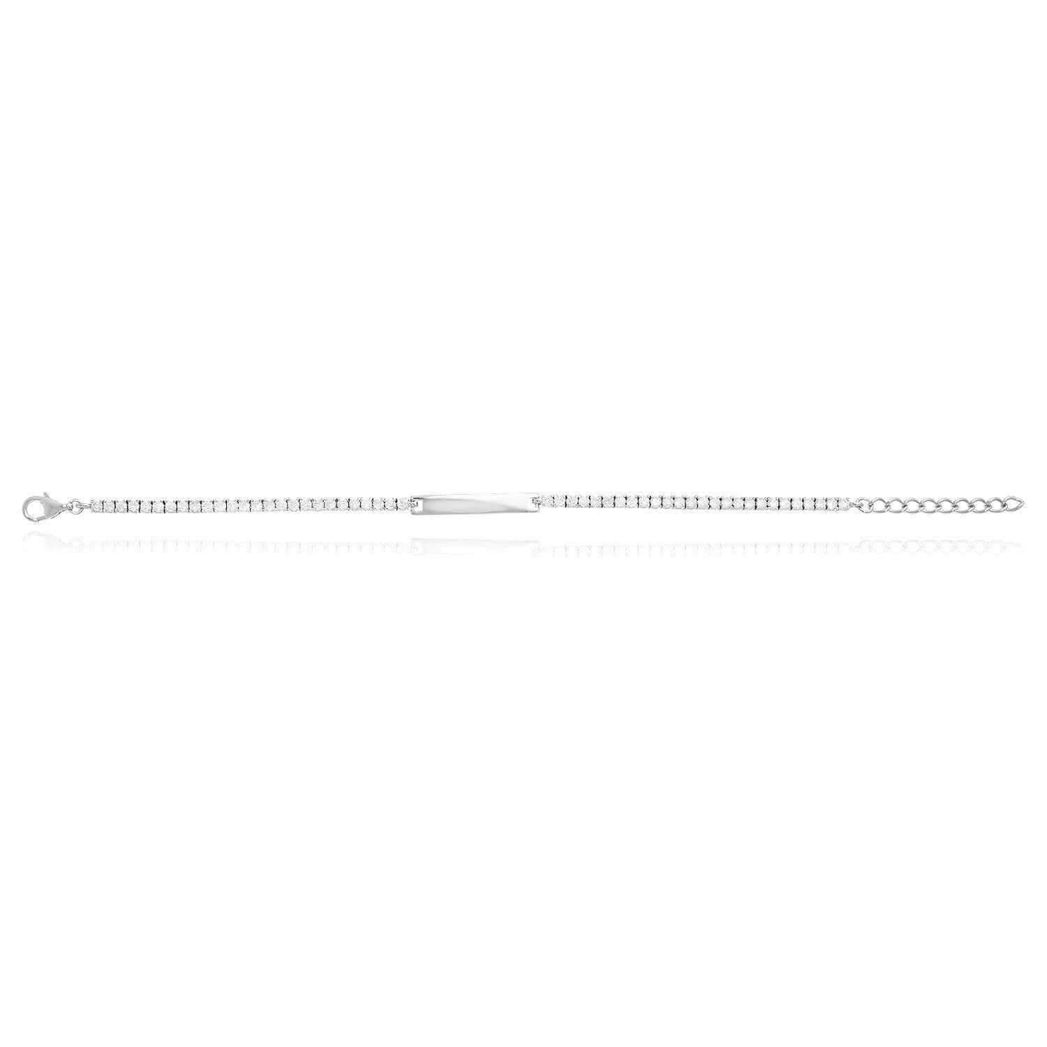 Solid 14K White Gold Over Silver ID Bar CZ Tennis Bracelet 6″-8″ Adjustable