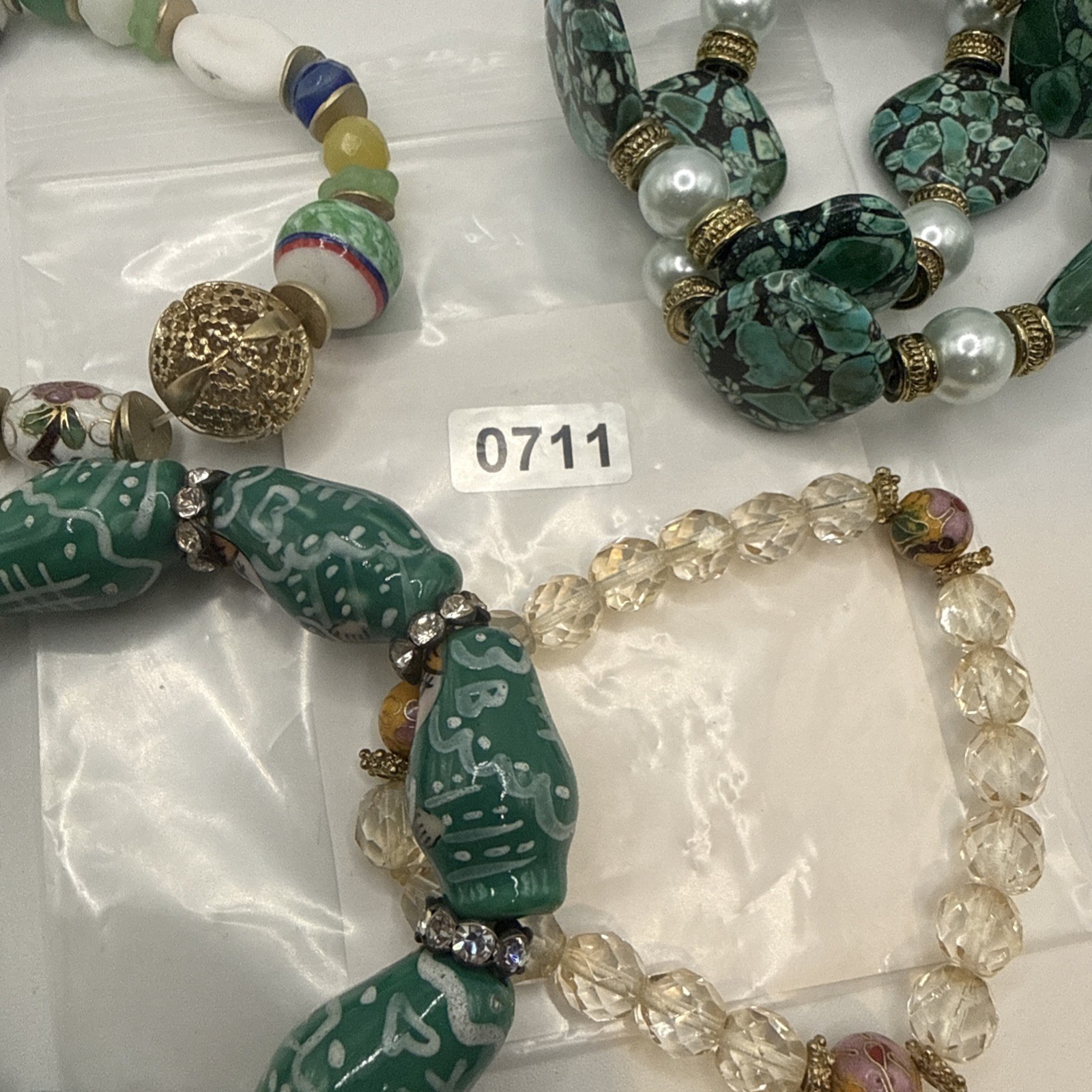 Lot of Four Beaded Bracelets Green Gold Tone Stretch Cloisonné Matryoshka