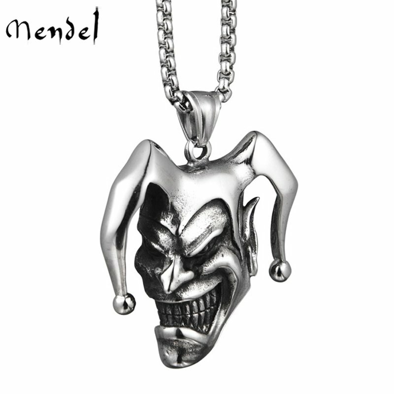 MENDEL Mens Stainless Steel Punk Boys Joker Clown Pendant Necklace Jewelry Chain