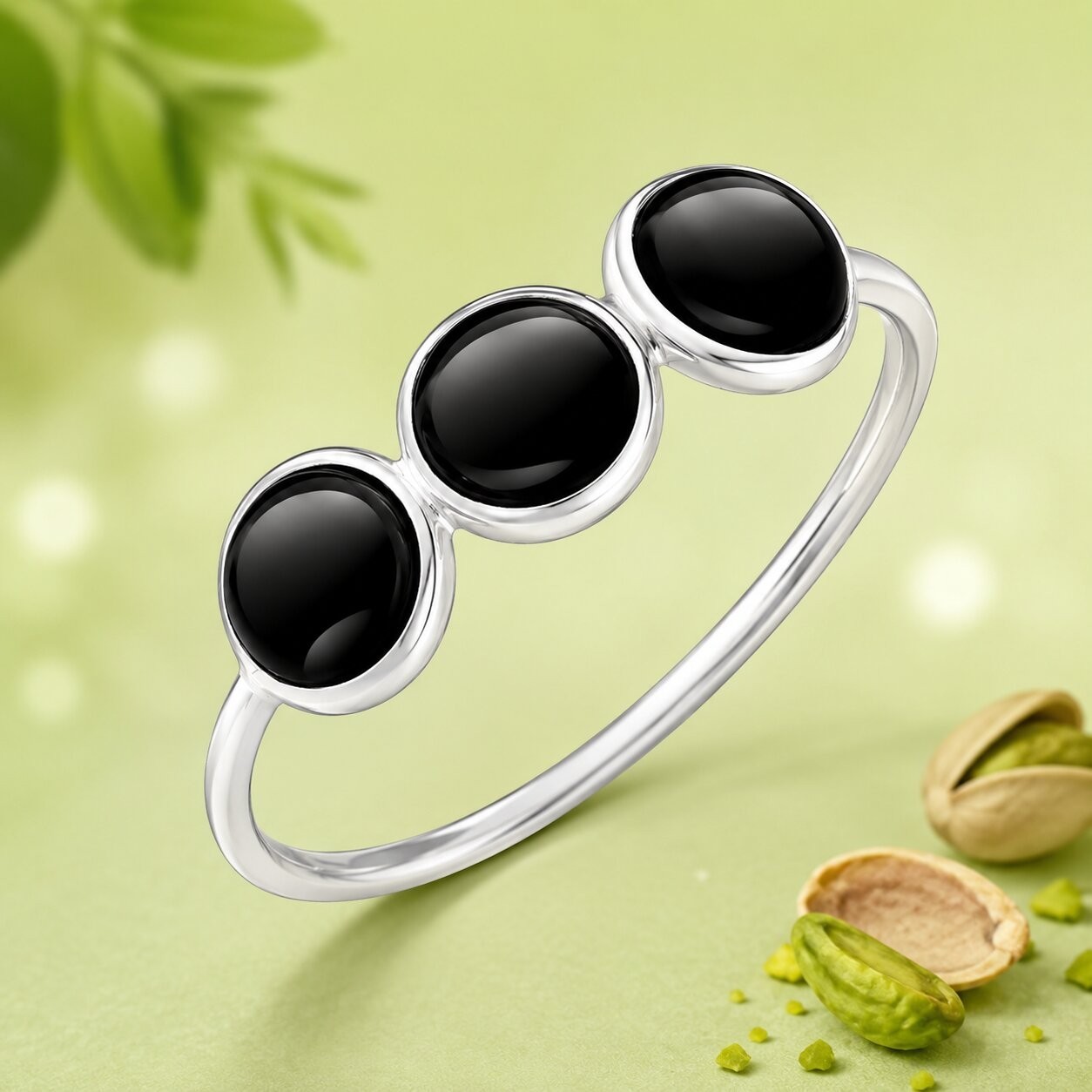 925 Sterling Silver Black Onyx Three Stone Ring Handmade Minimalist Women Ring
