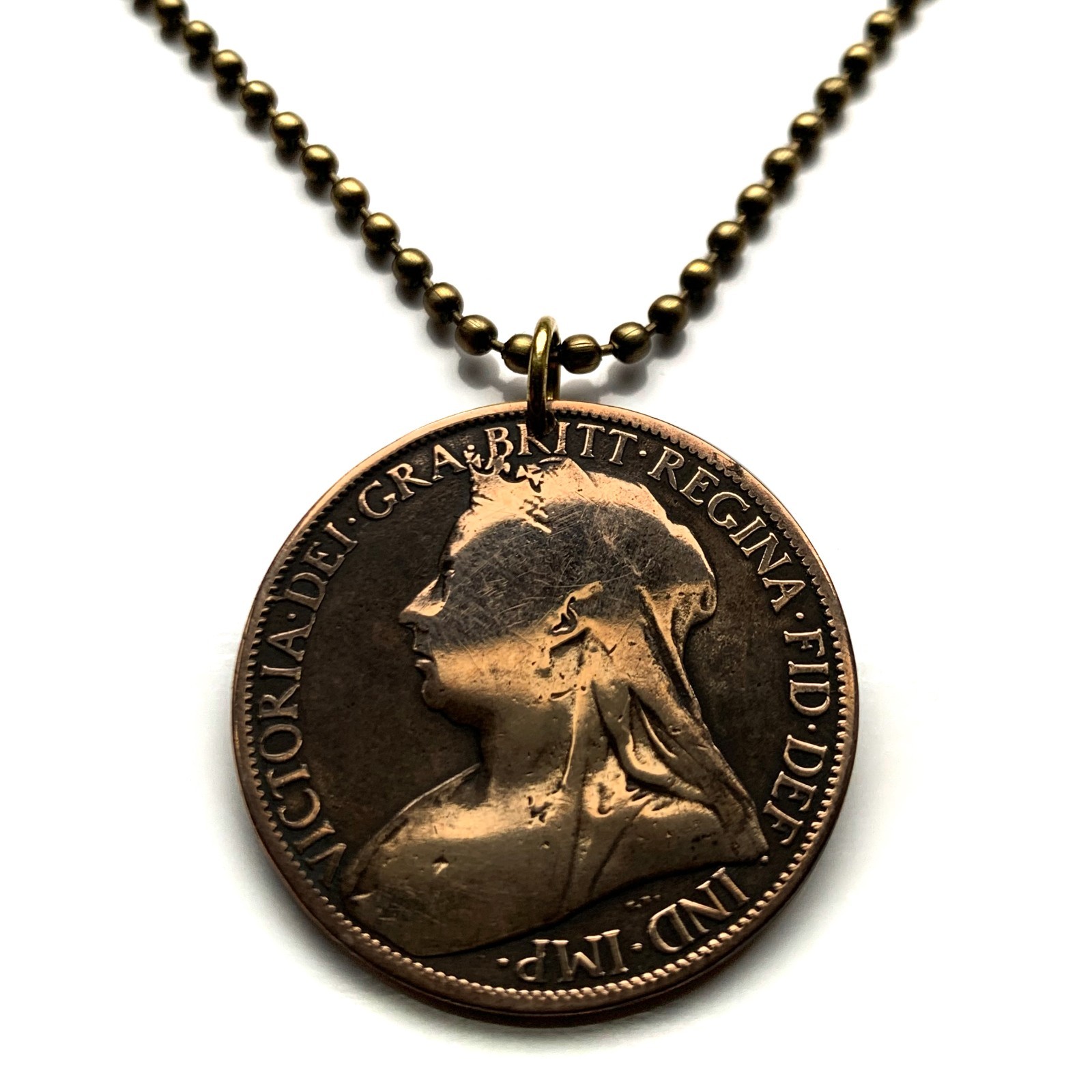 1897 United Kingdom 1 Penny coin pendant Queen Victoria London Manchester 001616