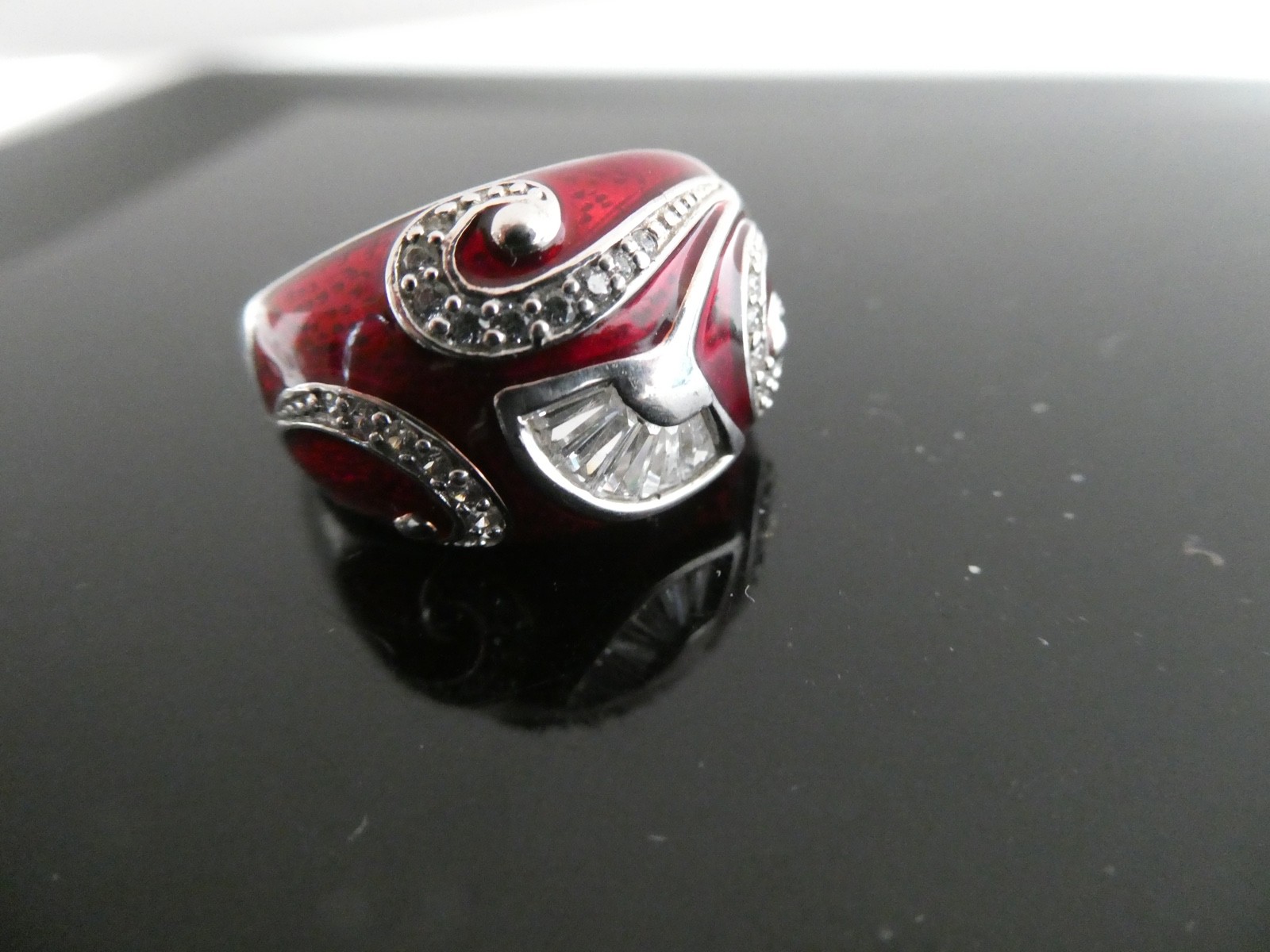 Victoria Wieck Dome Red Enamel & CZ Sterling Silver 925 Poppy Flower RING Size 8