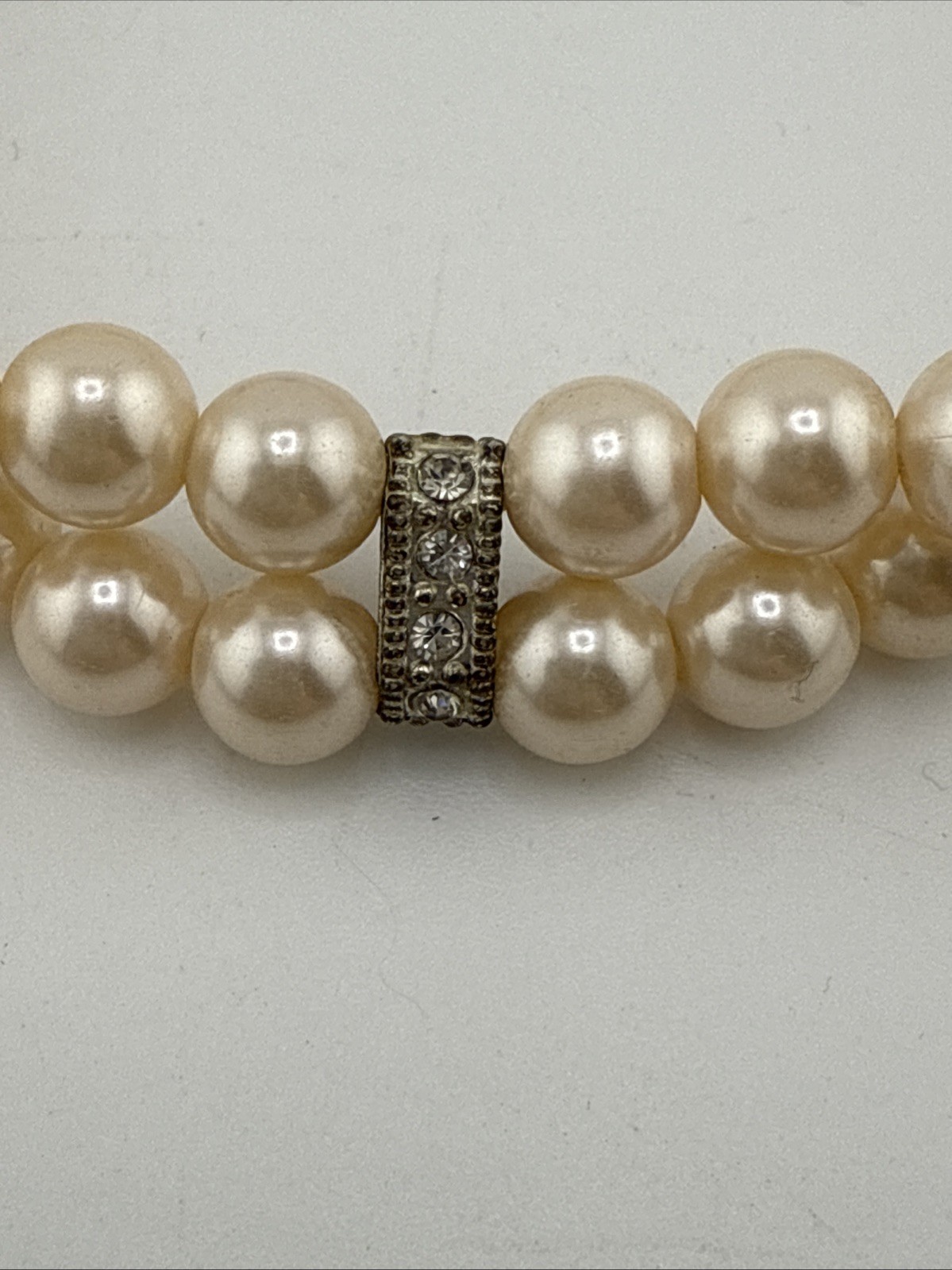 Simulated Pearl Stretch Chocker Double Row Silver/Crystal 10”