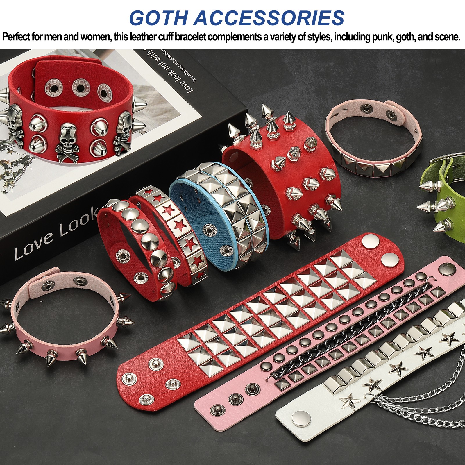 3Pcs Punk Studded Bracelet Set 8.7″/22cm Adjustable Bracelets Orange
