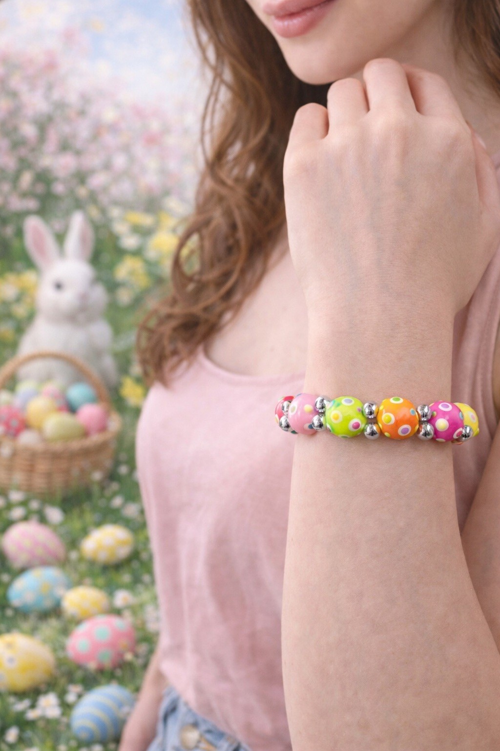 Easter Bracelets Spring Bracelet Colorful Egg Polka Dot Flowers Bracelets 6 pcs