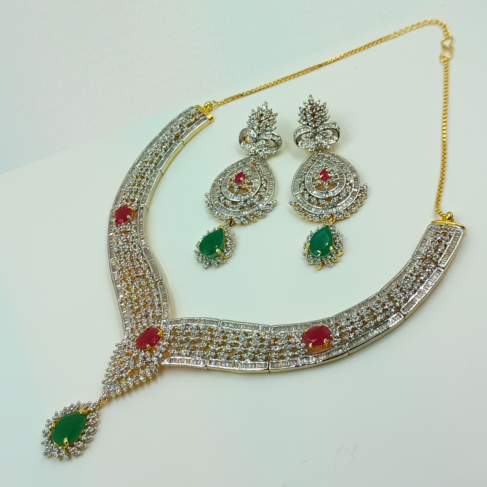 Traditional Emerald Ruby CZ Diamond Choker Necklace Set 22k Gold Plated