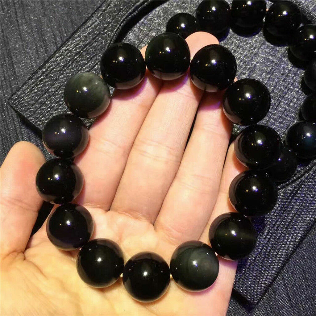 Natural 4/6/8/10/12/14mm Rainbow Black Obsidian Round Gems Beads Bracelet 7.5″