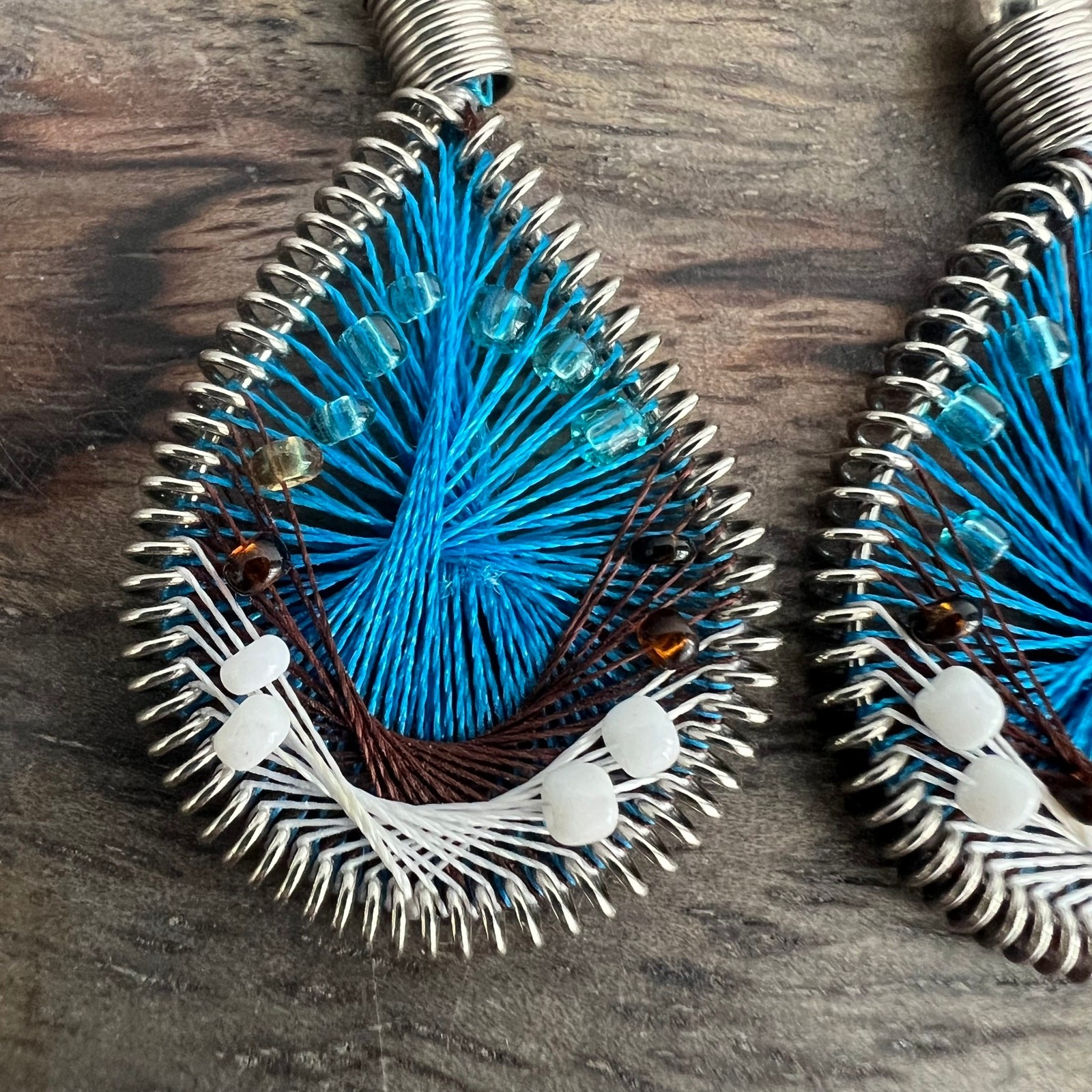 Blue black and white thread teardrop dream catcher earrings