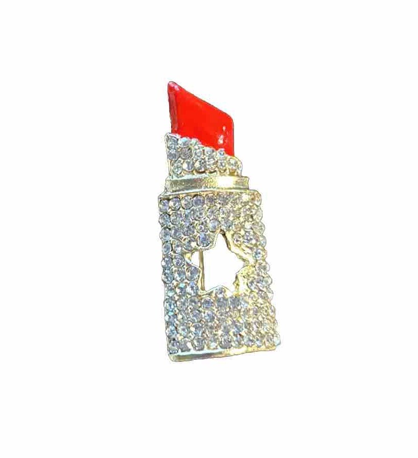 Red Lipstick Fashion Pin Brooch with Crystal Rhinestone Accents 1.5” Red Make Up