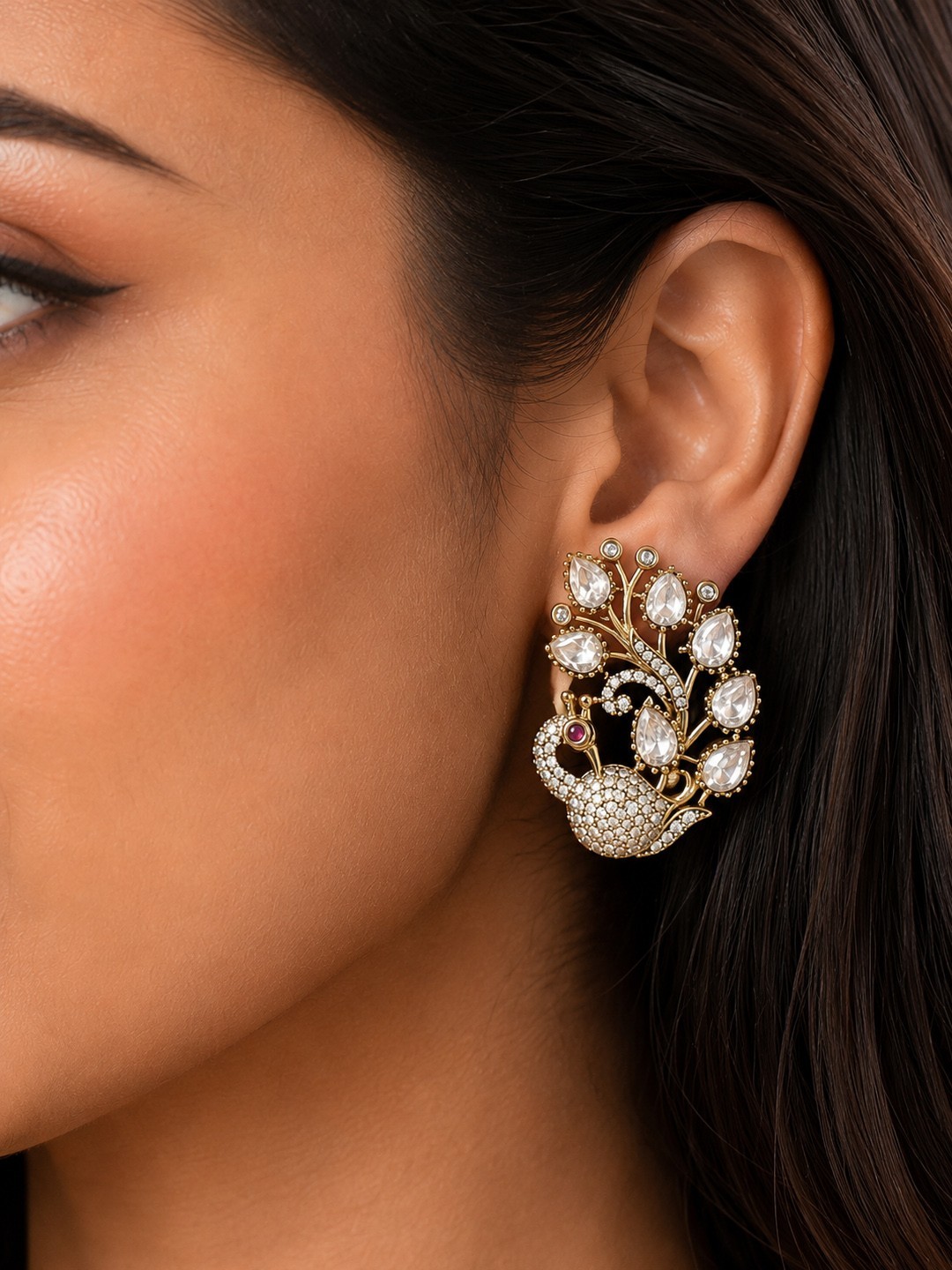 Victorian Brass Peacock Moissanite Polki AAA AD Stud Earrings for Women