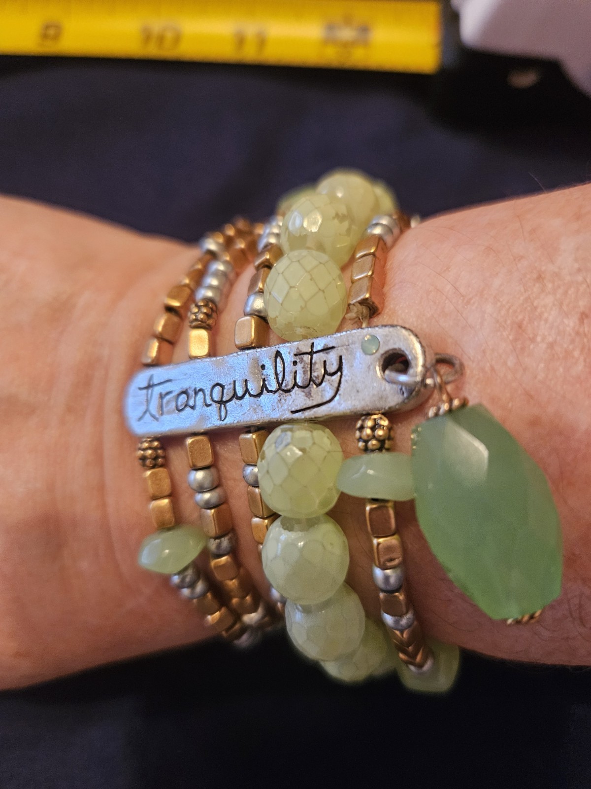 Stretch Elastic Bracelet Stacked Green Colored Beads & Silver Tranquility