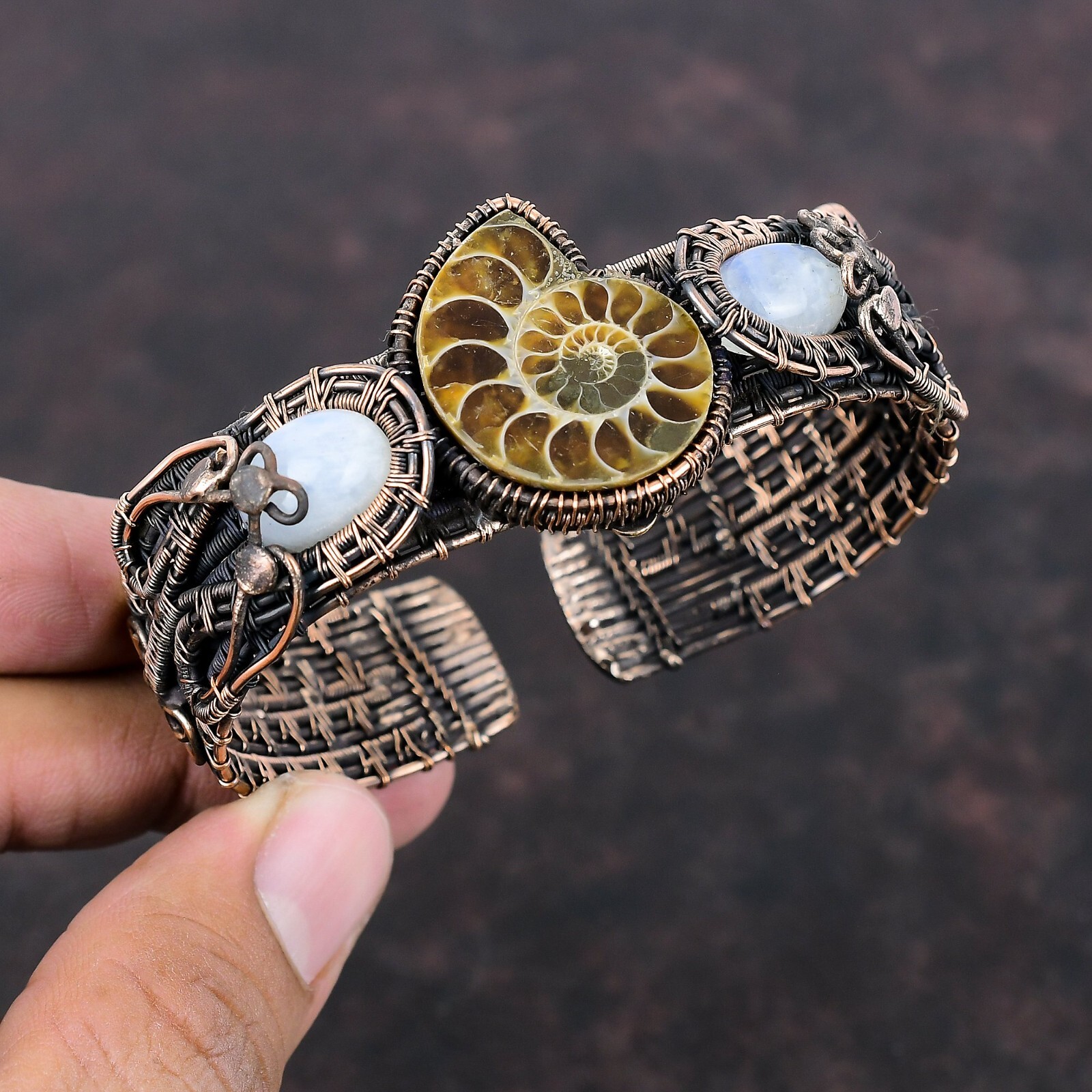 Ammonite Fossil Copper Friend Gift Wire Wrapped Adjustable Bangle