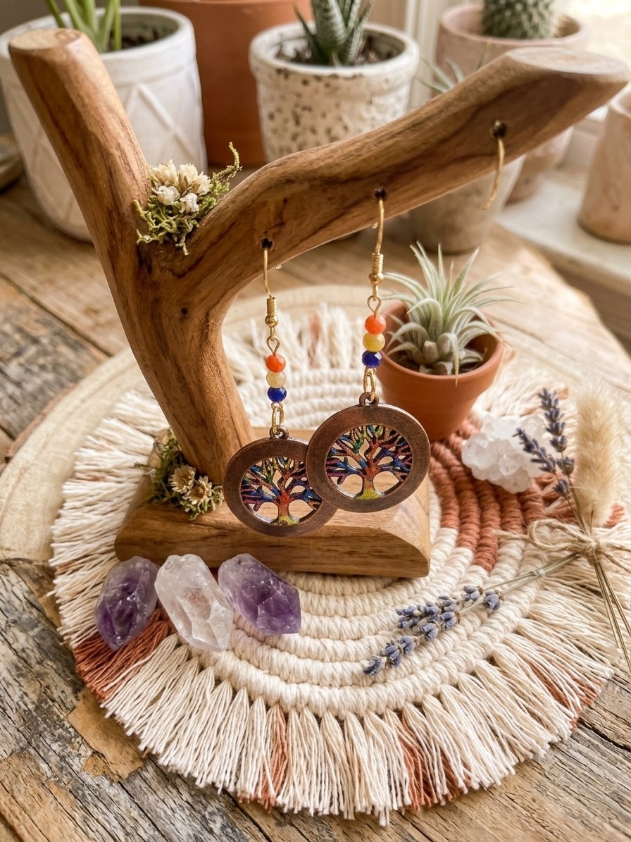 Tree of Life Bead Earrings • Boho Bronze Chakra Dangles With 14k Plated Hooks