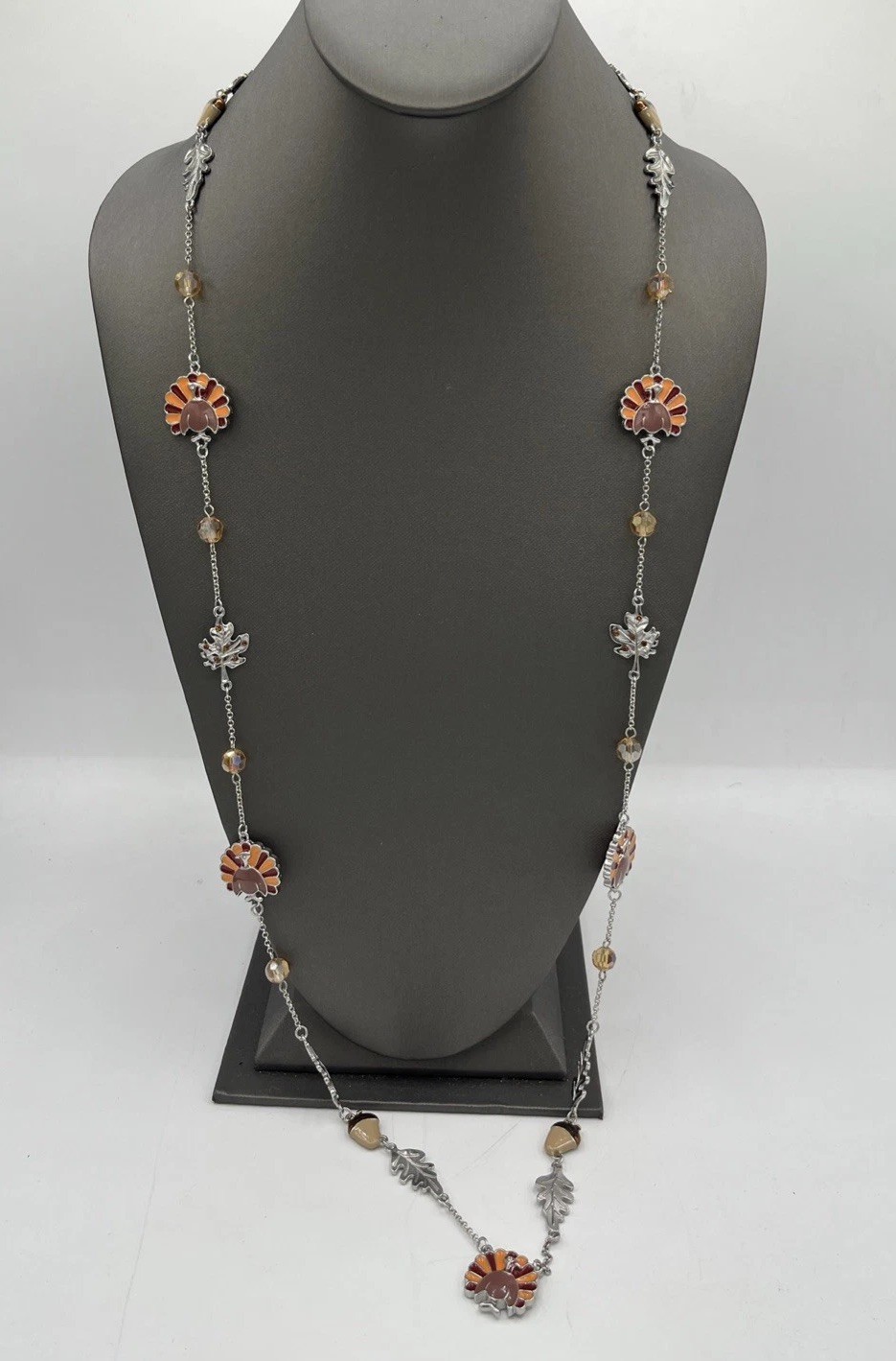 Fall Thanksgiving Necklace 38″ Enamel Acornsv& Leaves Turkey with Stone Nov. Tag