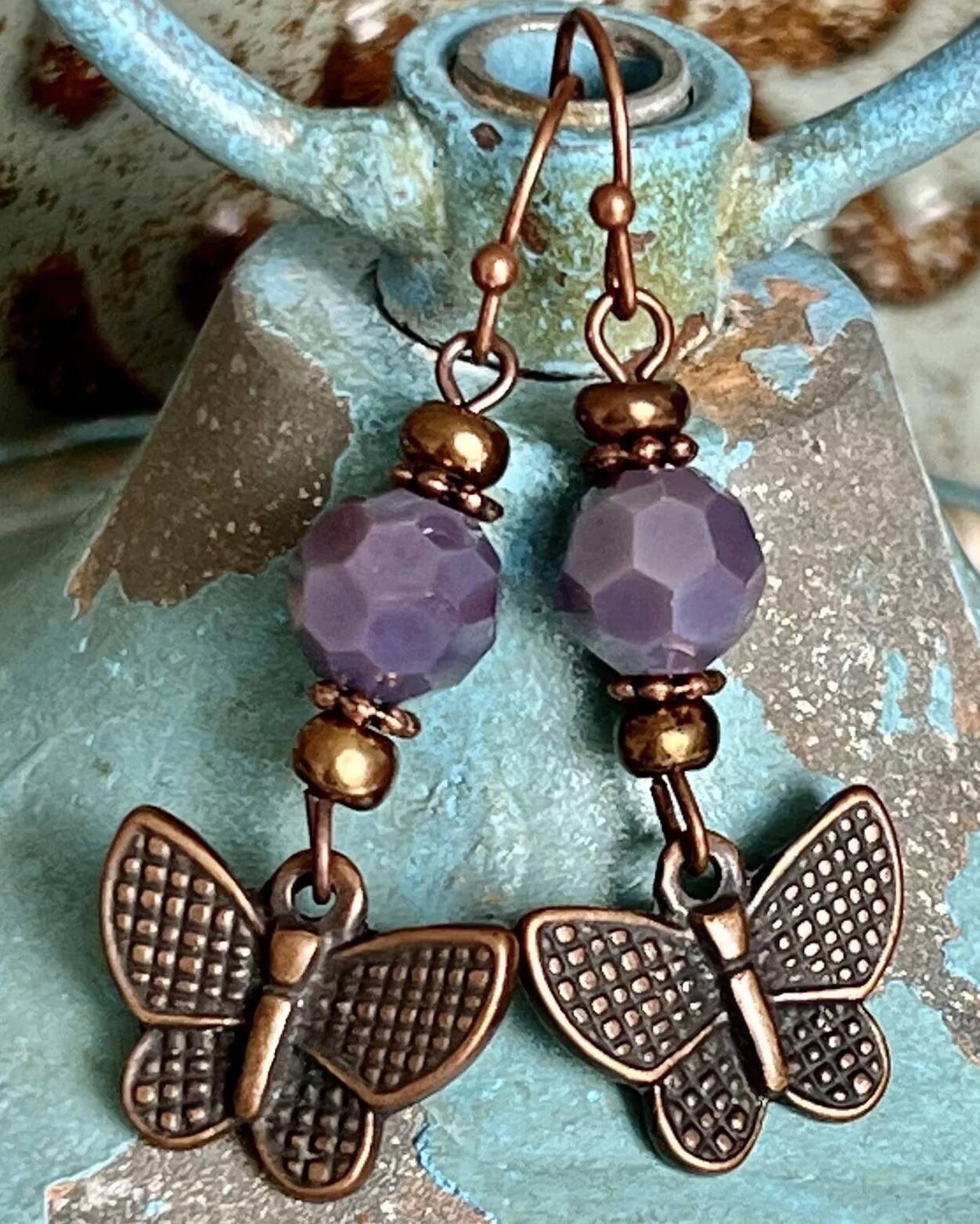 Purple Crystal Beads with Etched Copper Butterfly Dangle Earrings. Boho Chic