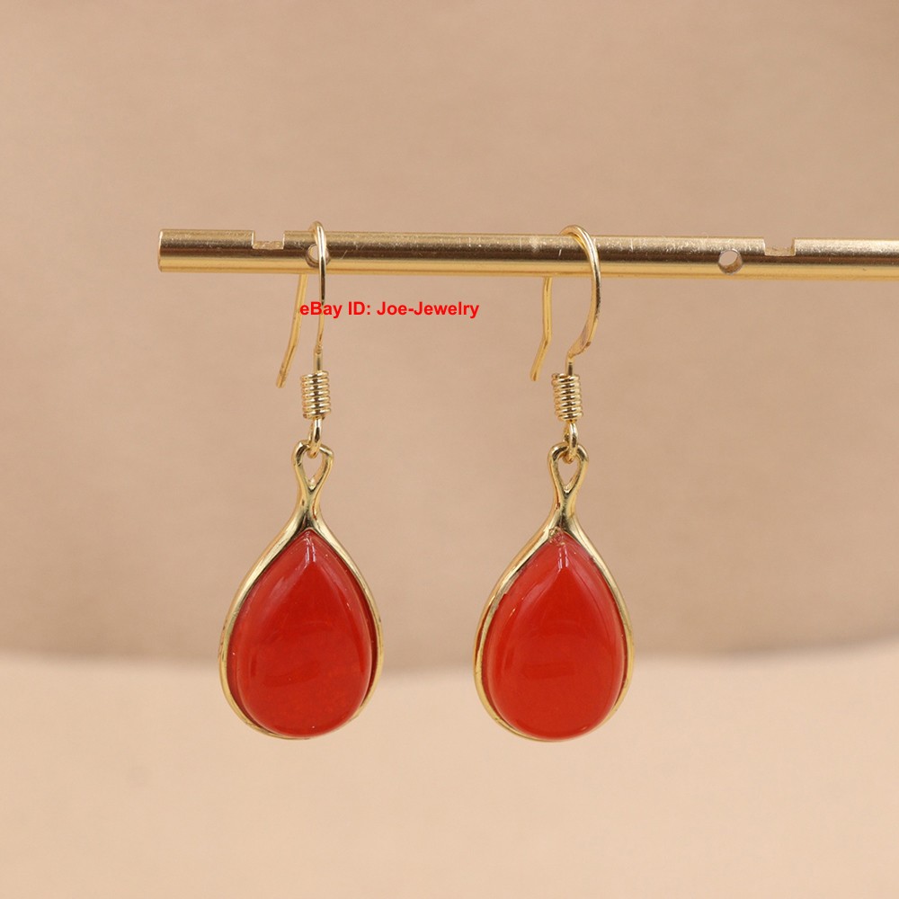 New Gold Plated Heated Red Jade Pear-Shaped Dangle Earrings 38mm H
