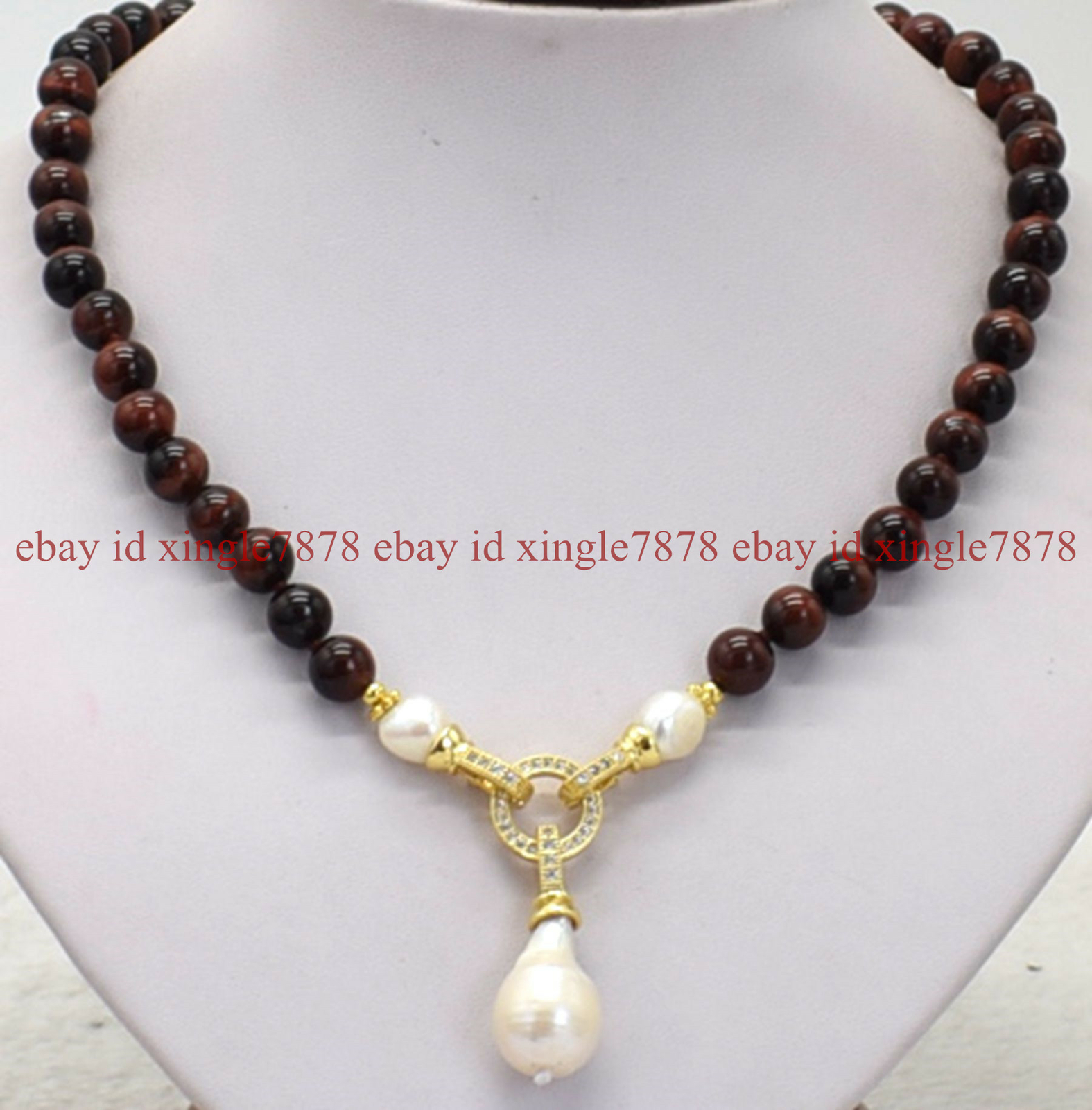 Natural 8mm 10mm Red Tiger’s Eye & Baroque White Keshi Pearl Pendant Necklace