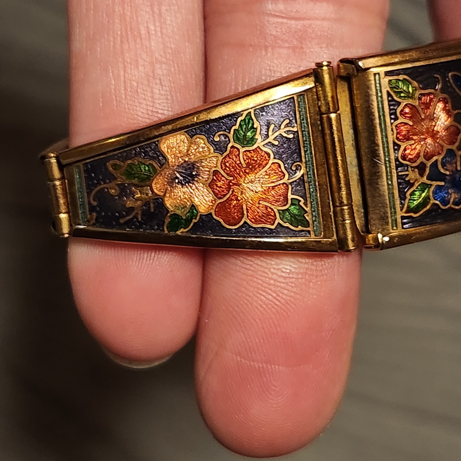 Vintage Chinese Cloisonne Enamel Panel Link Bracelet Butterfly Floral Purple