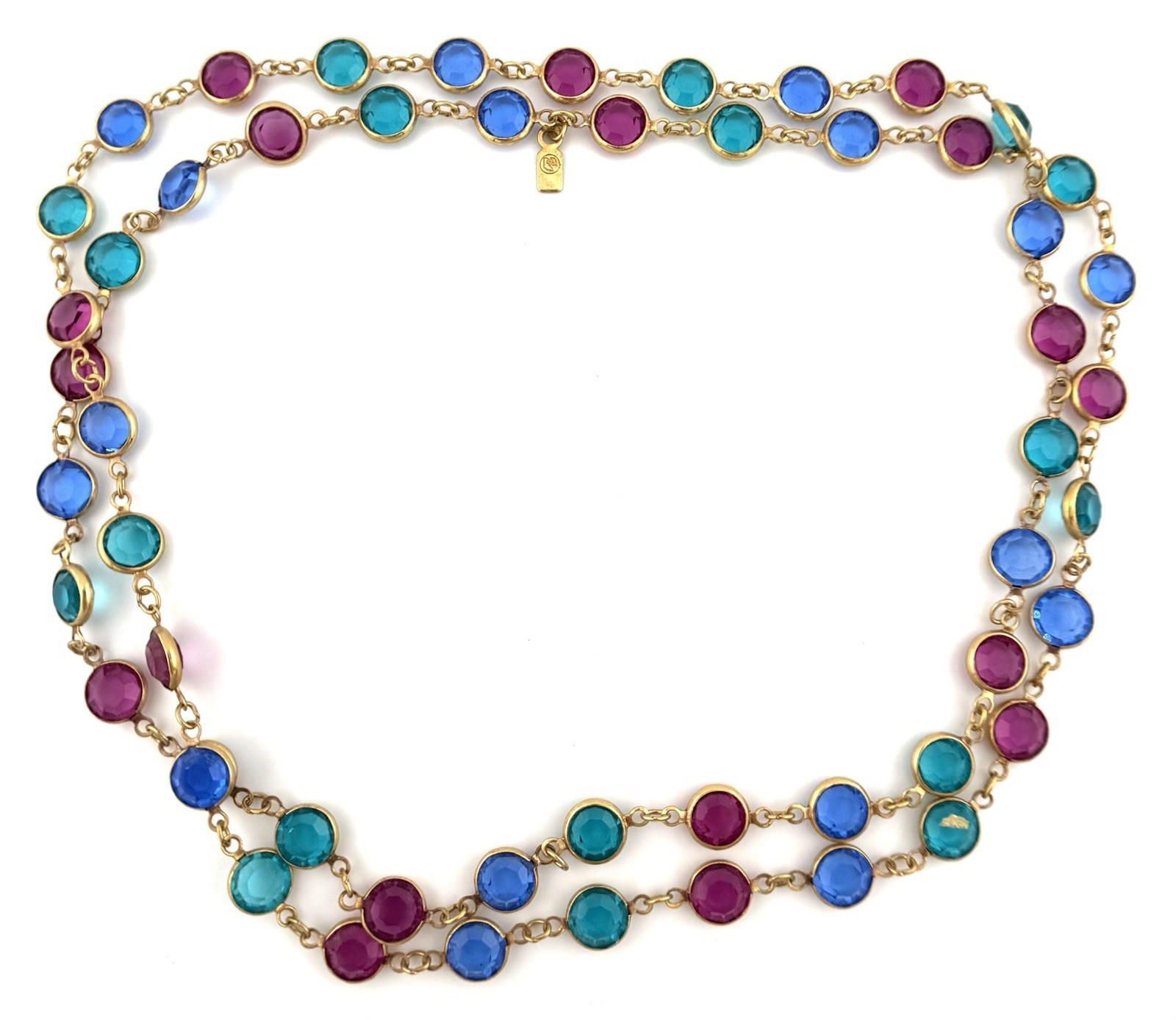 Swarovski Crystal Station Necklace Blue Pink Green Gold Tone 36″ Signed