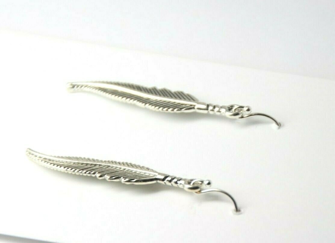 Feather Charm Earrings 925 sterling silver hooks pewter charms 1 3/4″ Southwest