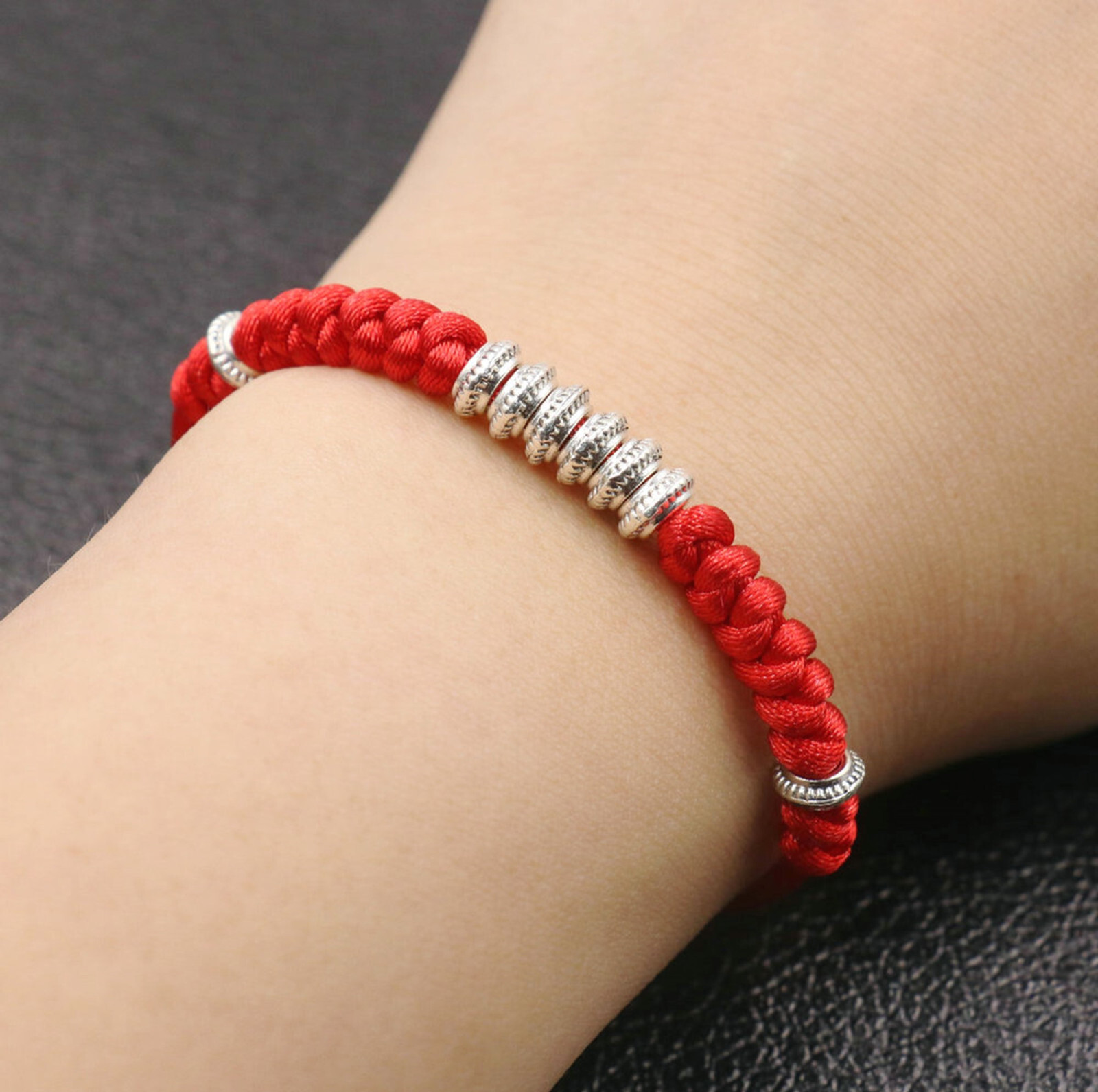 Tibetan Red String Woven Bracelet with Silver Beads