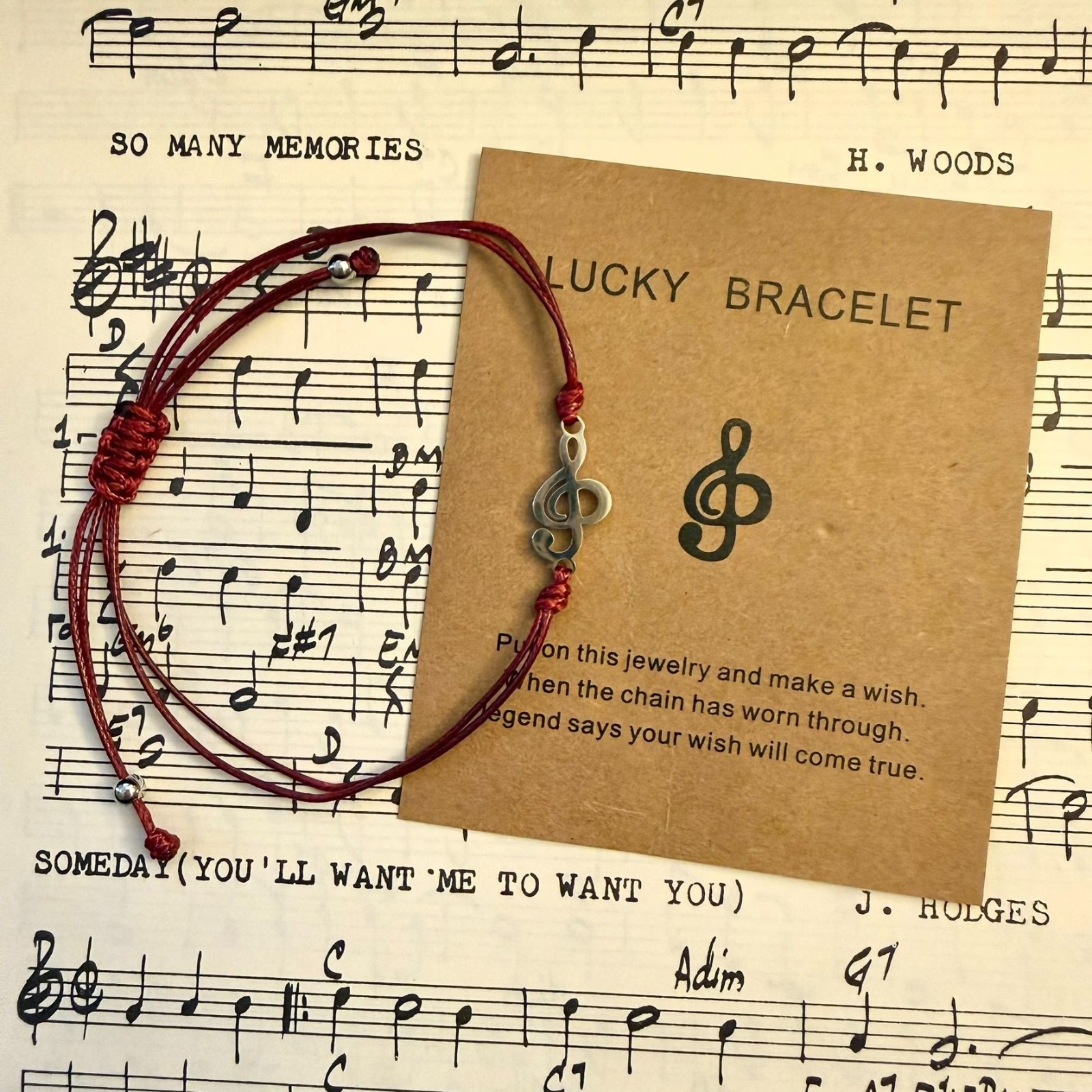 Music Wish Bracelet Stainless Steel Treble Clef Burgundy Red Woven Cord