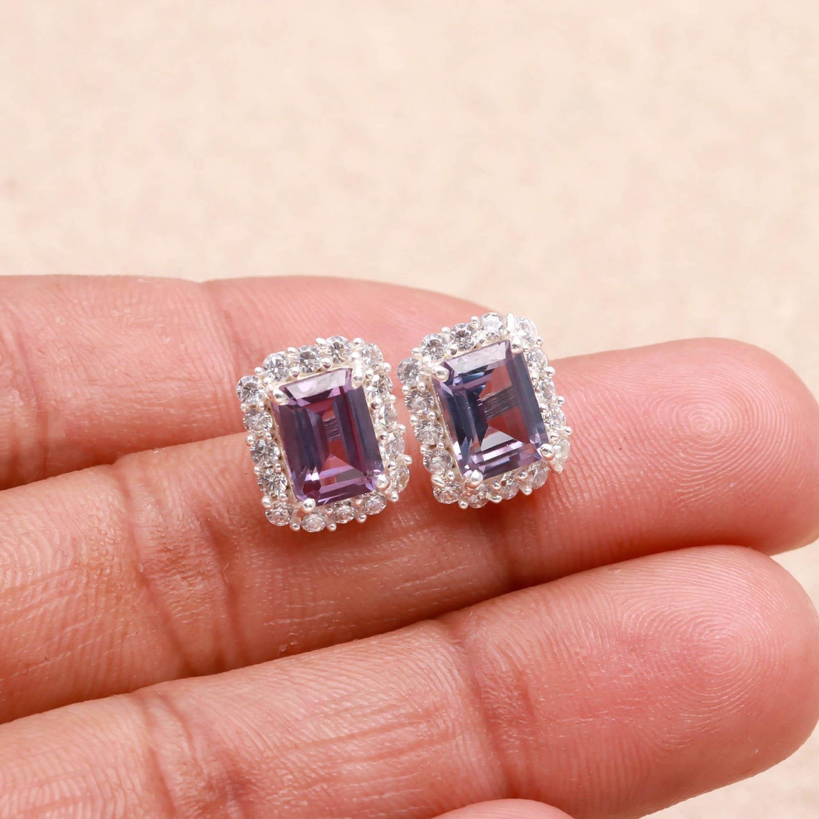 Colour Changing Alexandrite Octagon Stud Earring Solid Silver Moissanite Jewelry