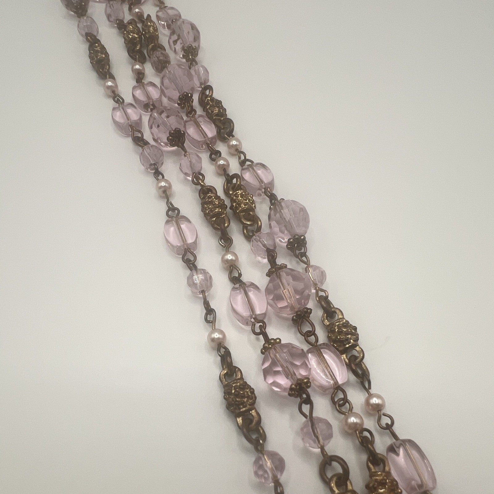 Vintage Pink Crystal Glass Long Length, Double Strand Necklace, Gold Tone Set