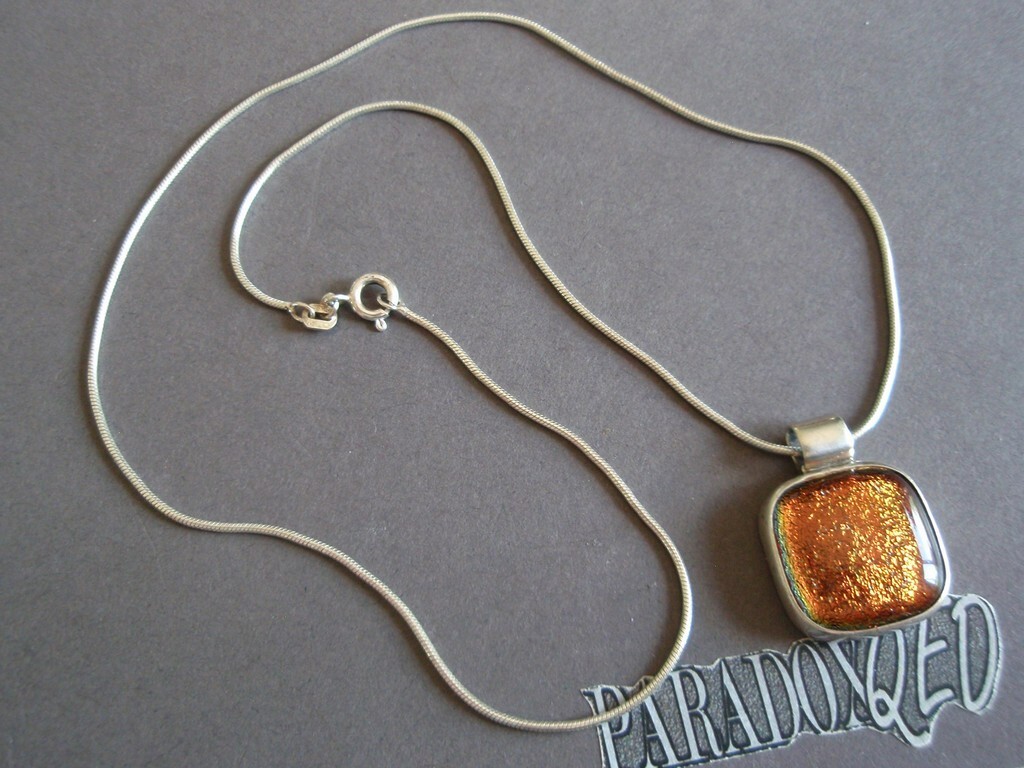 Sterling Silver 925 Brown Gold Dichroic Glass Pendant Snake Chain Necklace FAS