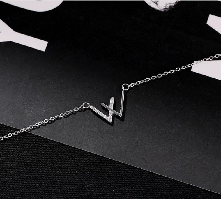 Pave Cubic Zirconia W-Shape Silver V W Pendant Chain Necklace