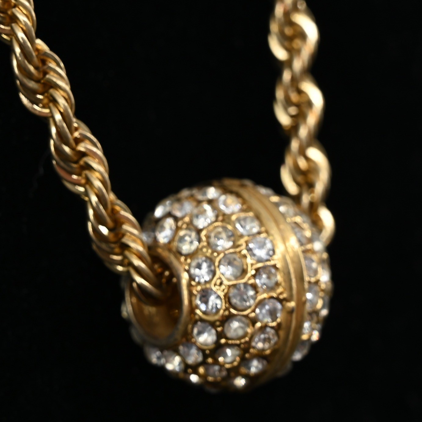 Vintage 18KGP Gold Plated Rope Chain Necklace Crystal Pave Ball Slider Pendant