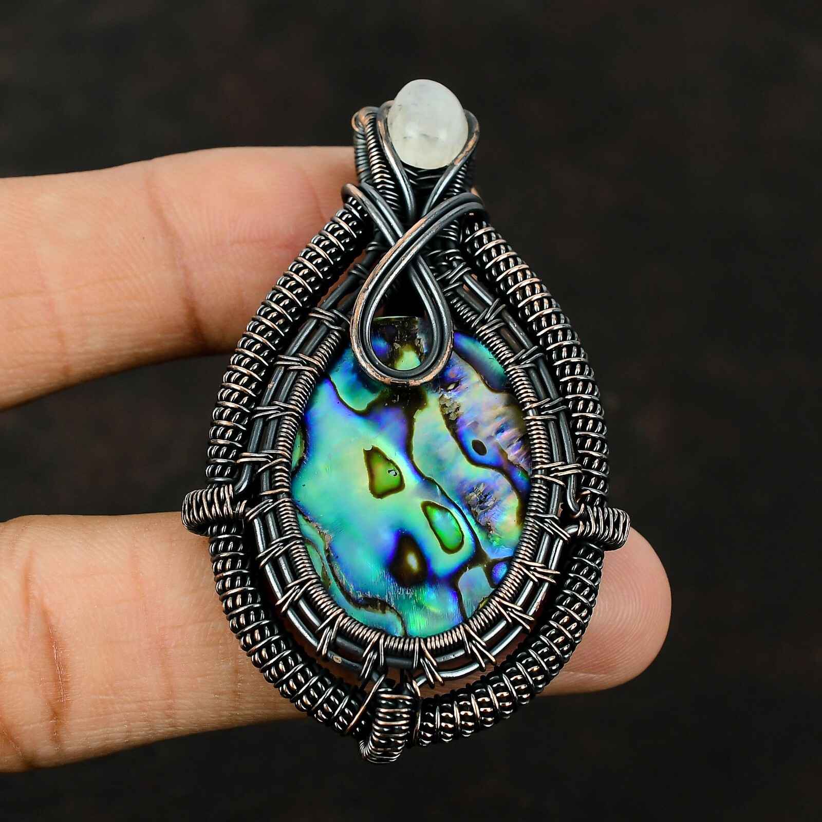 Wedding Gift For Her Copper Abalone Shell Jewelry Wire Wrapped Pendant 2.56″
