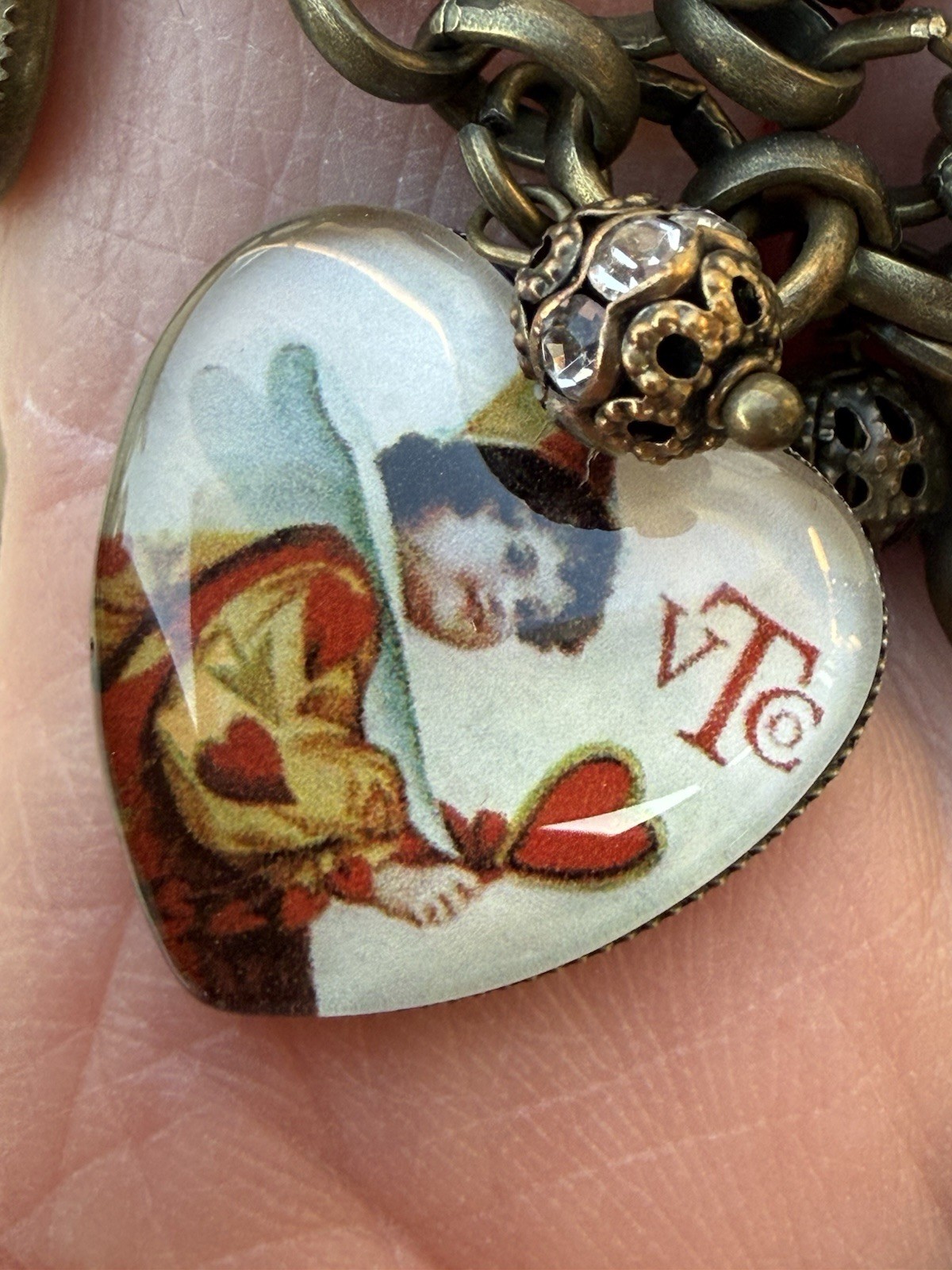 Victorian Style Valentines Charm Bracelet With Heart Motif & 8 Victorian Images