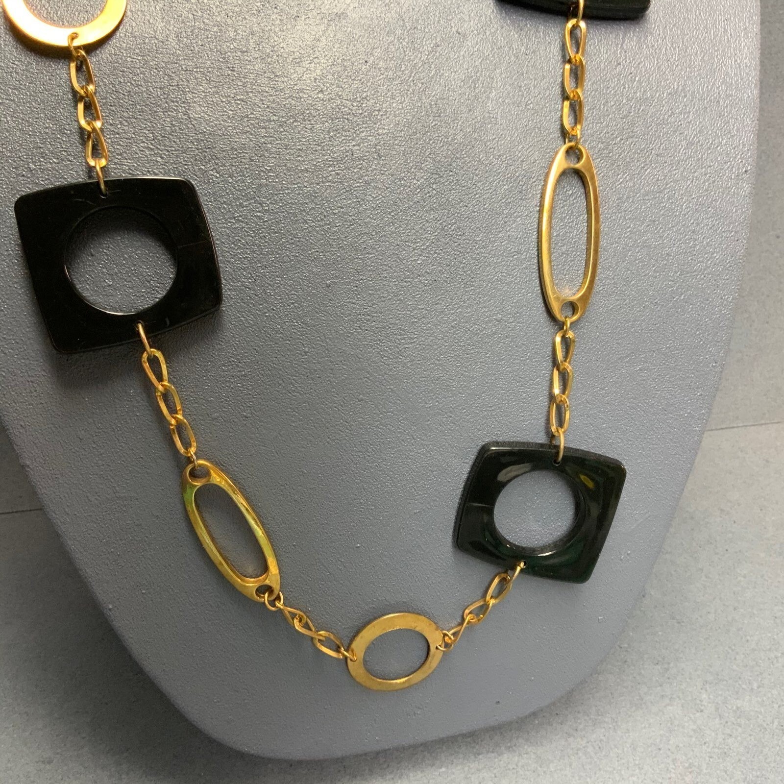 Long Geometric Necklace 35 In Gold Chain Black Acrylic Circle Square Shapes Glam