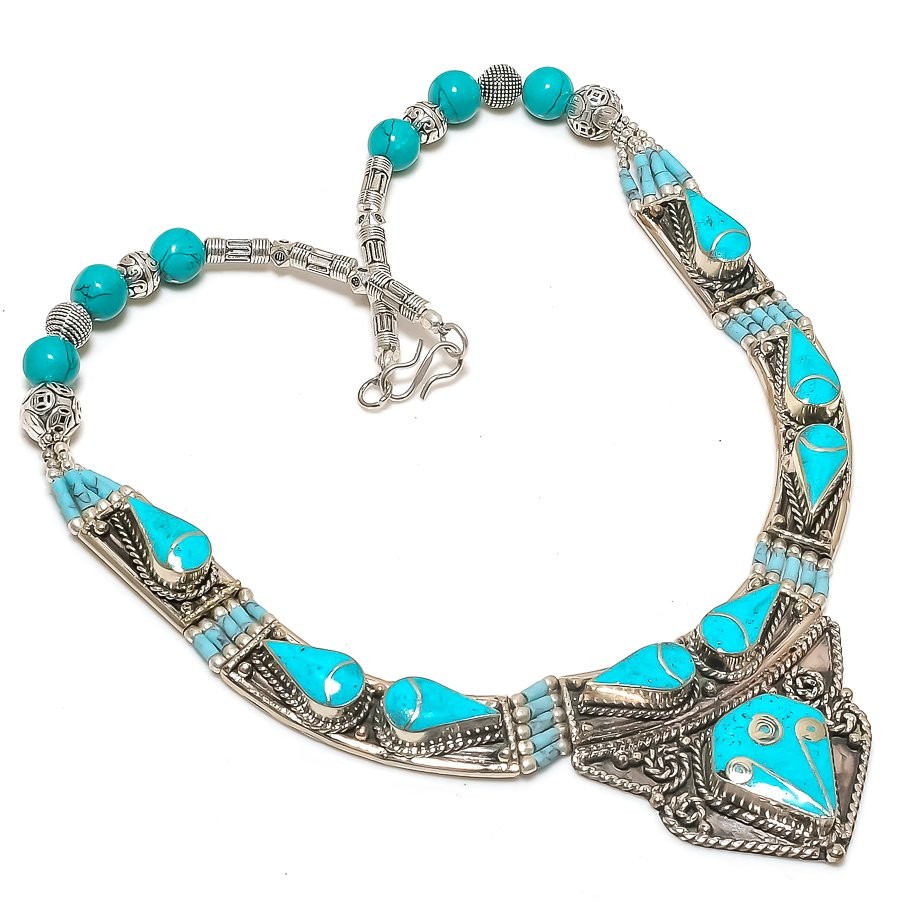 Turquoise Gemstone Necklace Handmade Tibetan Antique Gift Nepali Jewelry 18″ N30