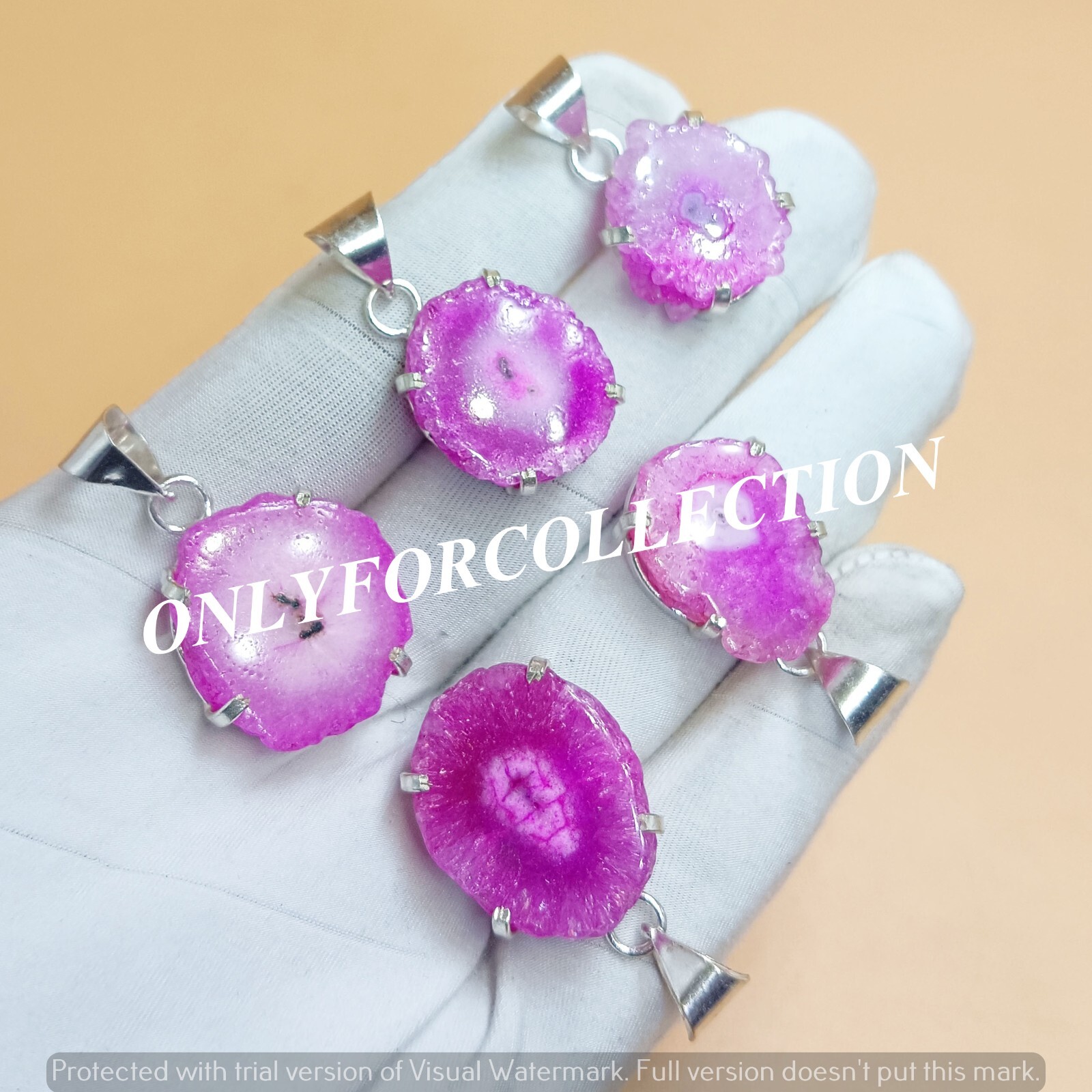 Offer Pink Solar Quartz Gemstone 925 Sterling Silver Plated 5 PCs Prong Pendants