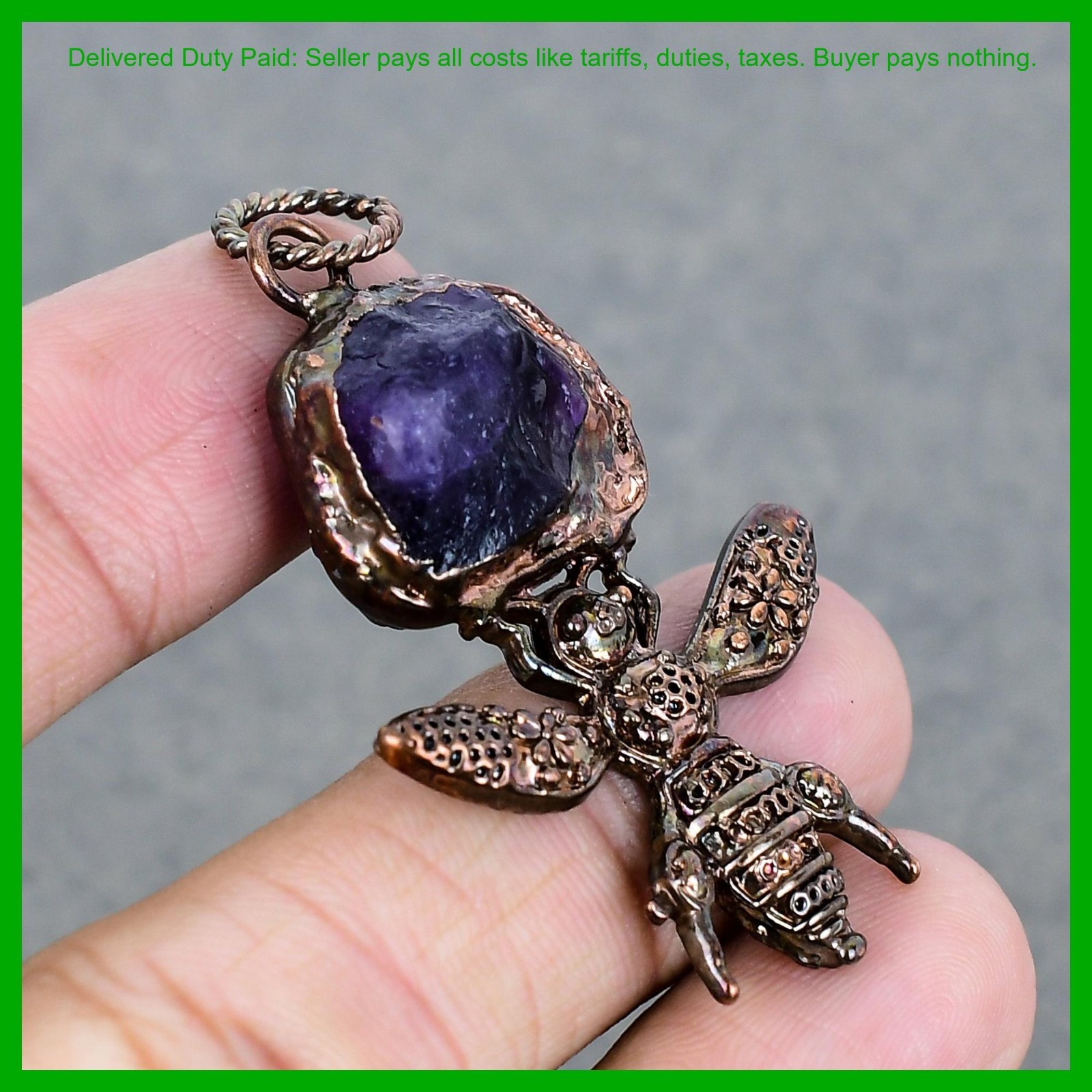 Pentagon African Amethyst Rough Gemstone Artisan Wedding Pendant Jewelry Copper
