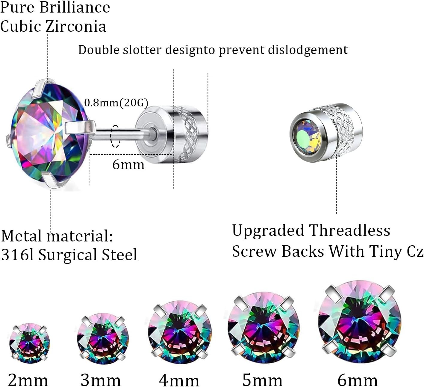 5 Pairs Titanium Screw Back Stud Earrings with Colorful Cubic Zirconia Inlay