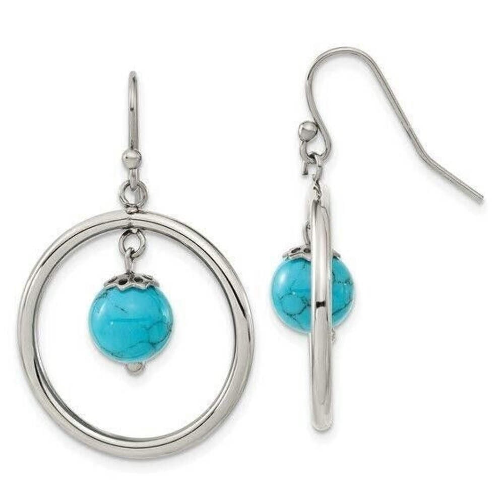 Chisel Stainless Steel Polished with Synthetic Turquoise Dangle Earrings