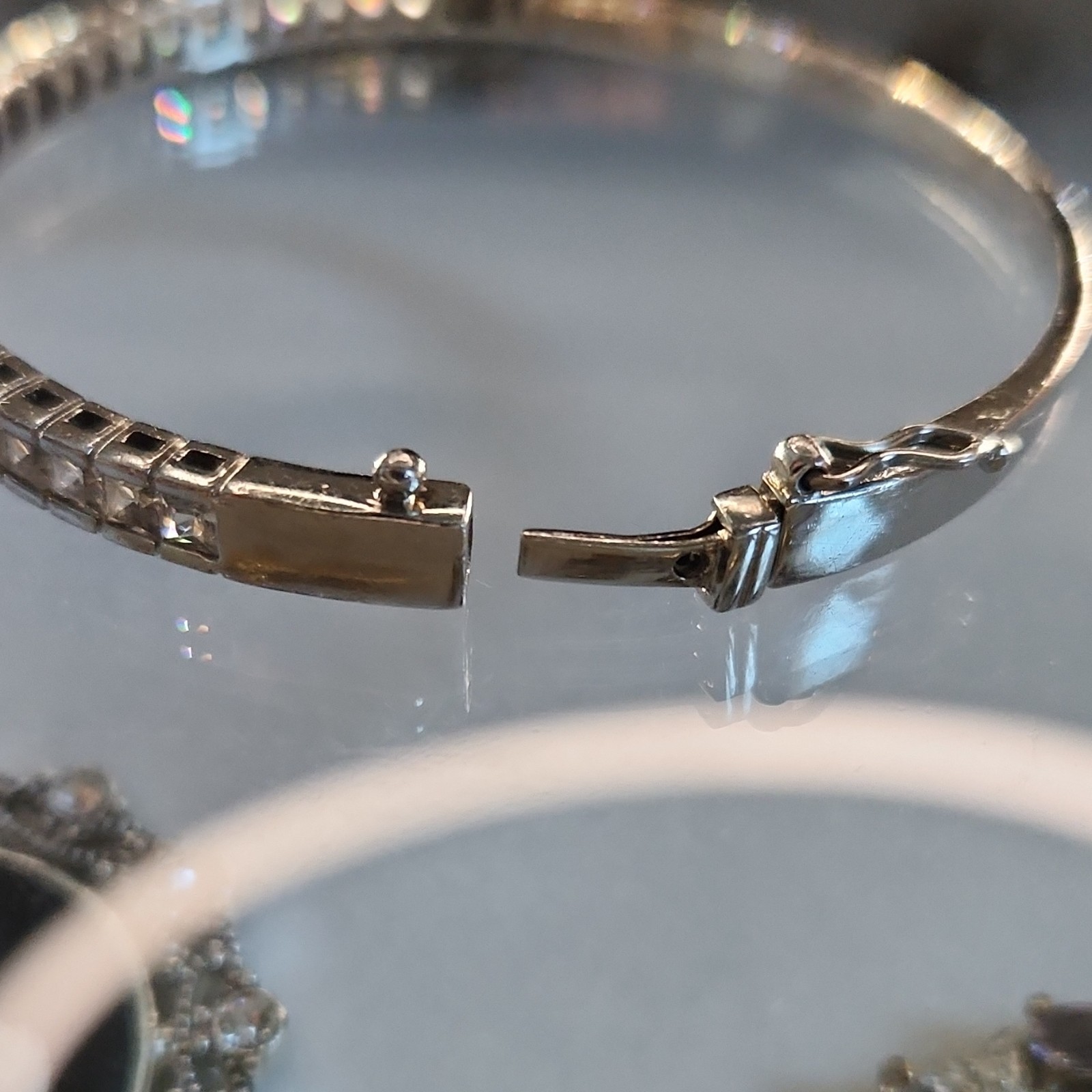 Silver 925 Tennis Bangle Bracelet Channel-Set Push Lock Closure Round