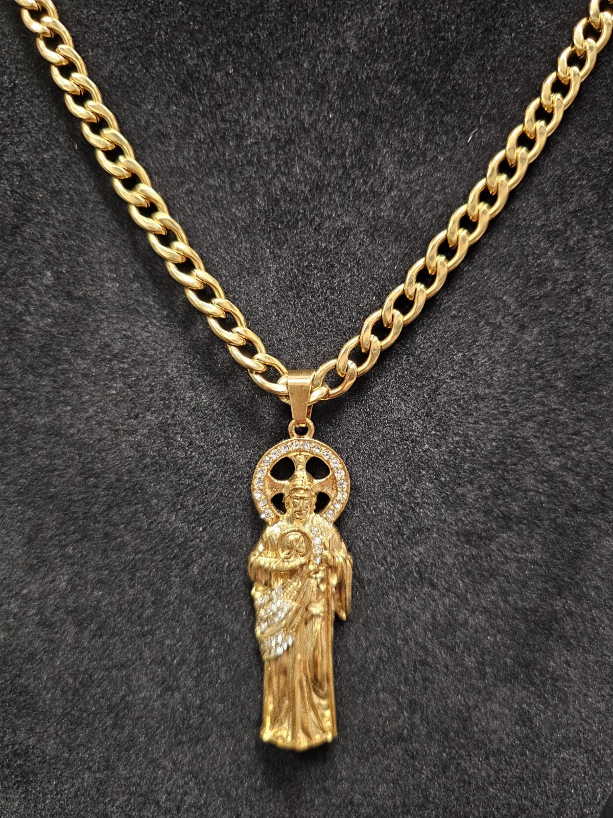 Gold Tone Religious Charm Pendant Necklace 24-inch San Judas.