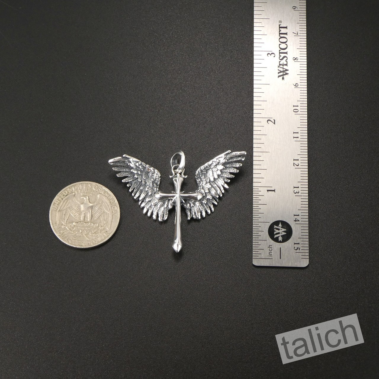 925 Sterling Silver Cross Pendant with Open Angel Wings Amulet Pendant Unique