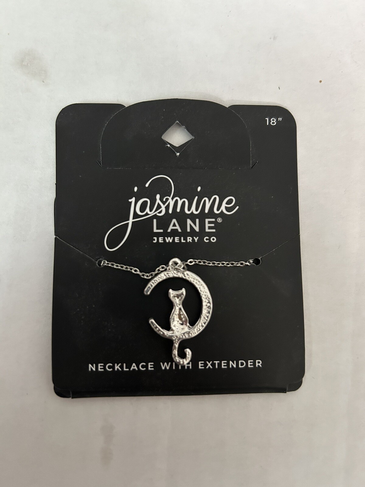 Jasmine Lane Jewelry Co. Cat in the Moon 18″ Necklace w/Extender – Silver Tone