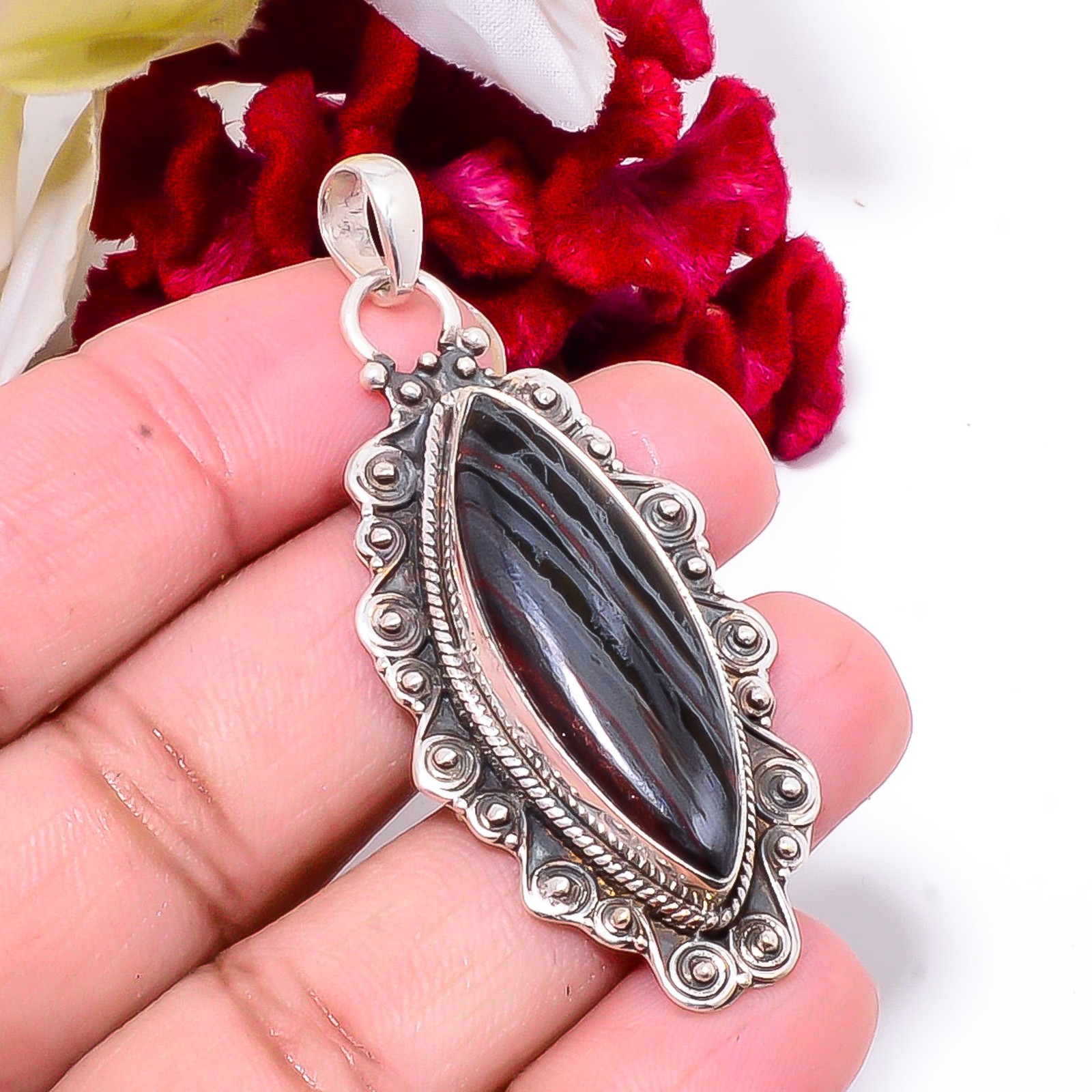 Iron Tiger Eye 925 Sterling Silver Bali Pendant 2.34 Sk31, Christmas Gift