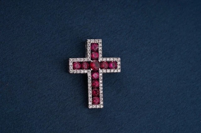 Round Cut Simulated Red Ruby Cross Shape Pendant Chain In 14k White Gold Plated