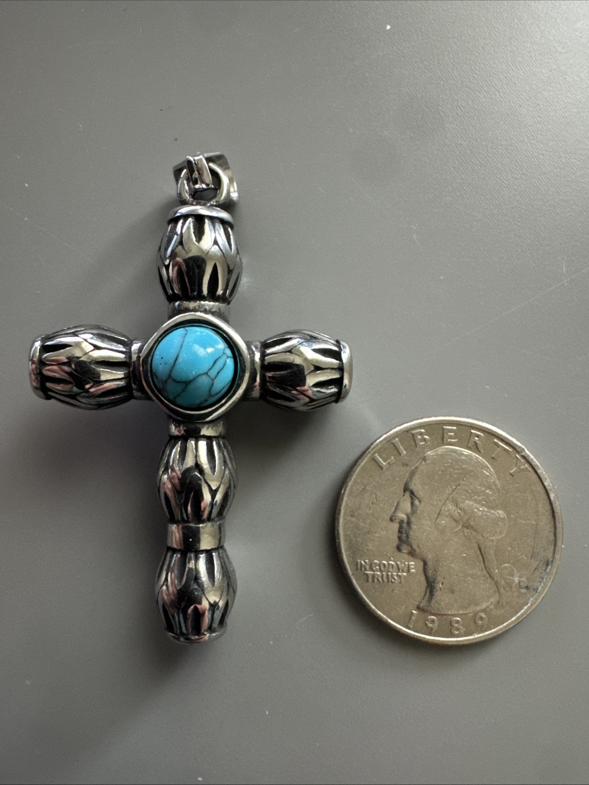 Three-dimensional Cross Pendant Dark Metal Tone Stainless Steel 24” Chain Viking