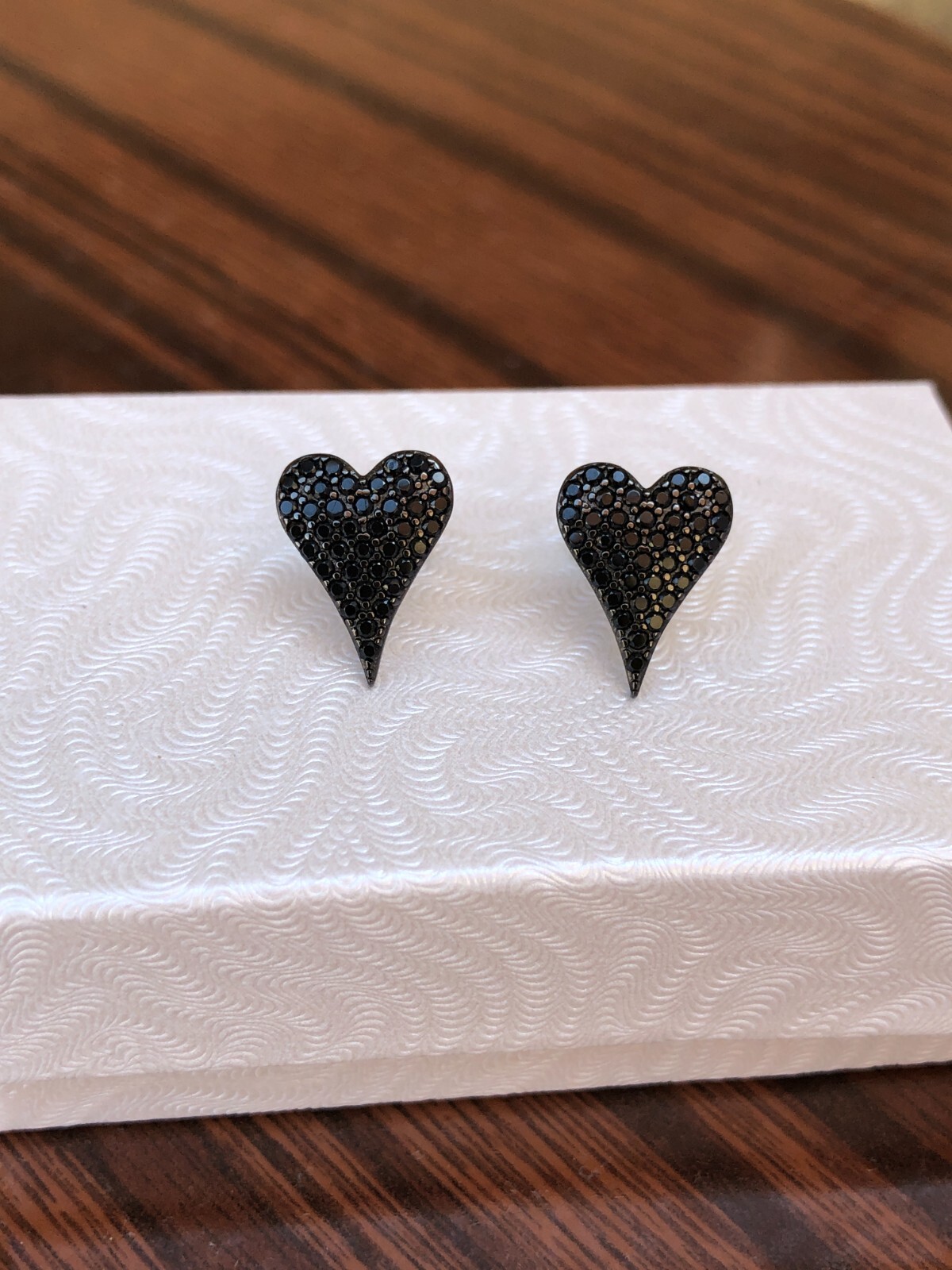 925 Sterling Silver Black Onyx Heart Stud Earrings Pave Studs 12.5mm/0.49″